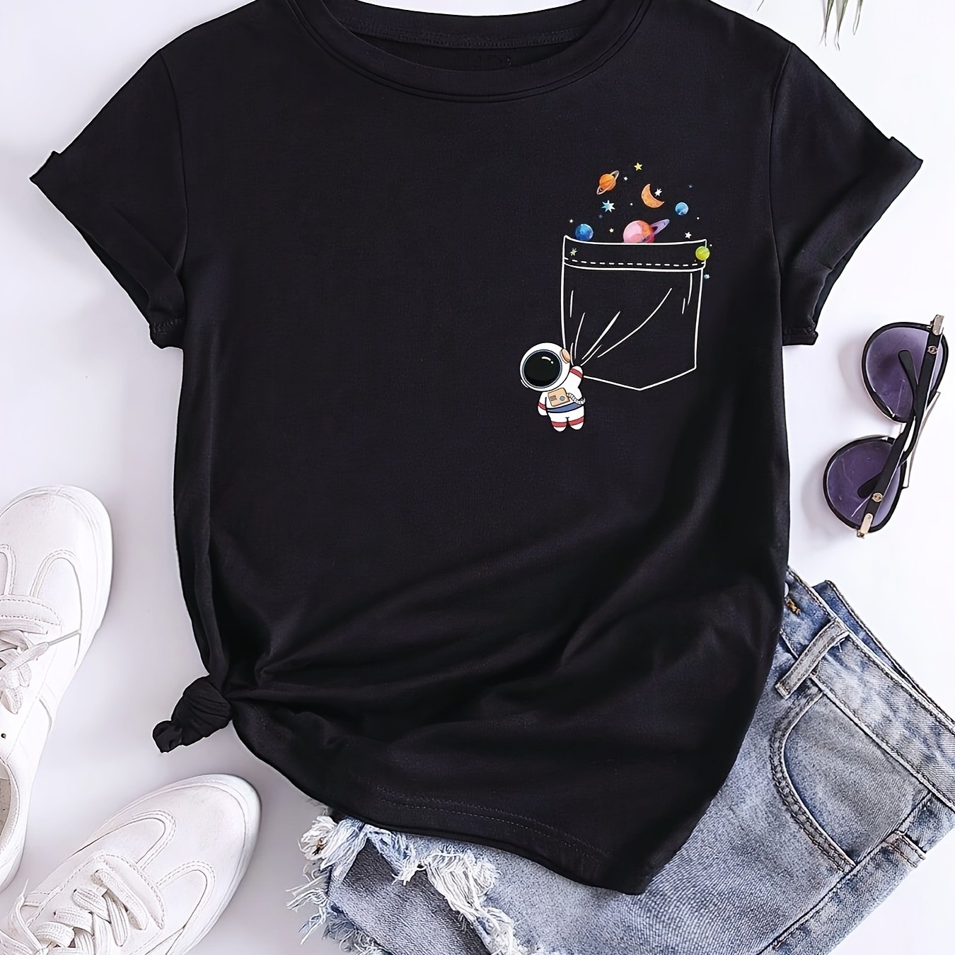 TEMU Cartoon Astronaut & Planet Print T-shirt, Short Sleeve Crew Neck Casual Top For Summer & Spring, Women's Clothing