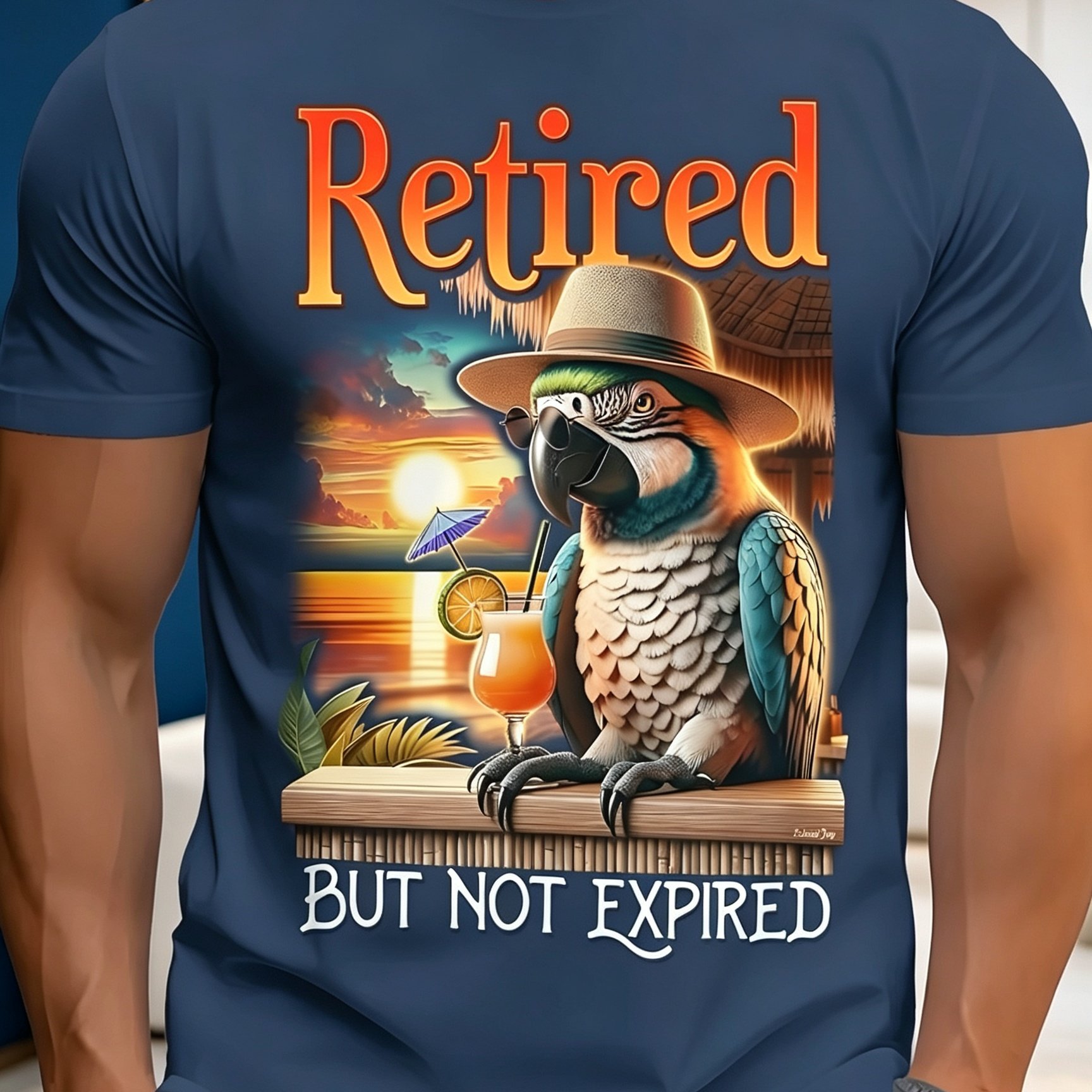 TEMU Men's T-shirt, Men's Fashion Short Sleeve, Beach Sunset Parrot Cartoon Print Navy Men's Short Sleeve, Retired Fun Text Design, Breathable Soft