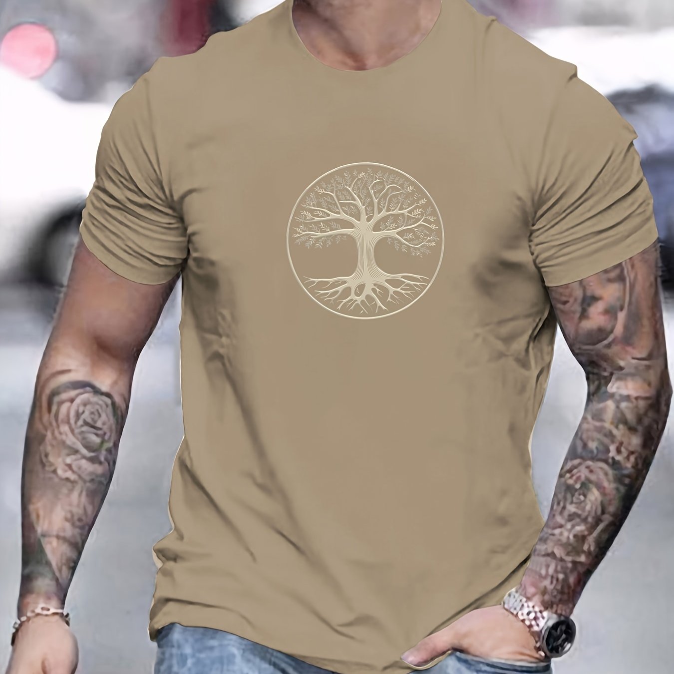 TEMU Men's Summer Casual Round Neck Short Sleeve T-shirt With Tree Pattern, Plus Size