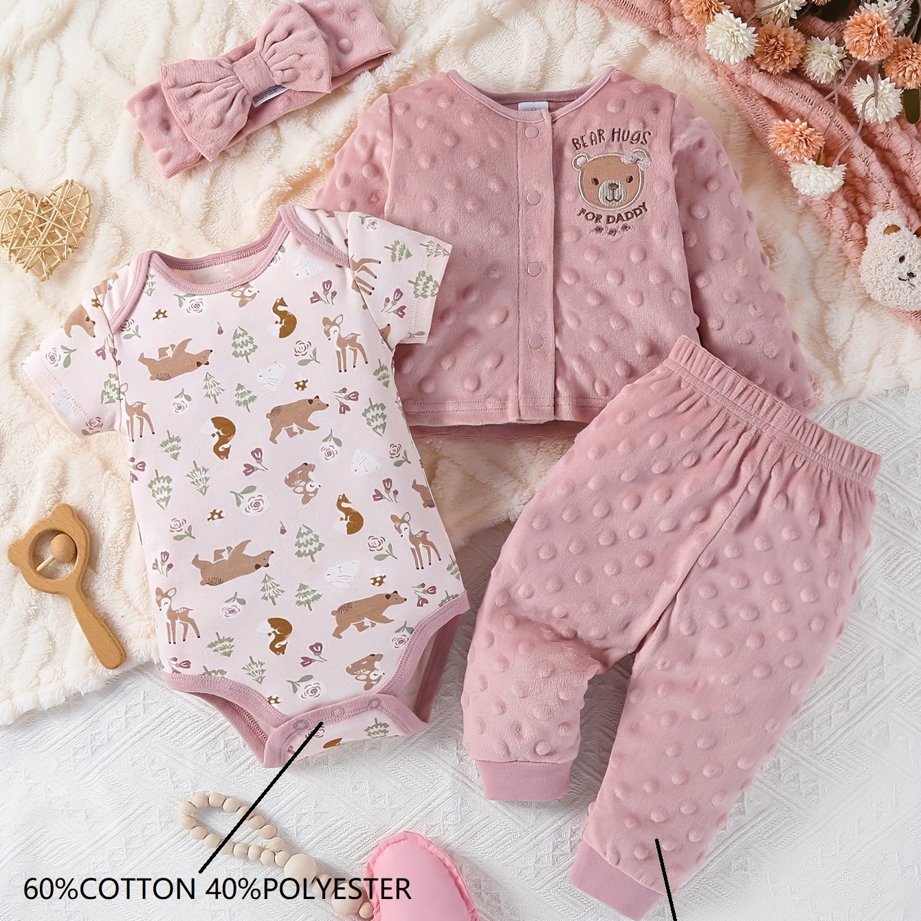 Image of Four-piece Set Of Autumn And Winter Baby Girl Cartoon Cute Bear Style Velvet Long-sleeved Hair Rope Baby Girl Set, For Outdoor