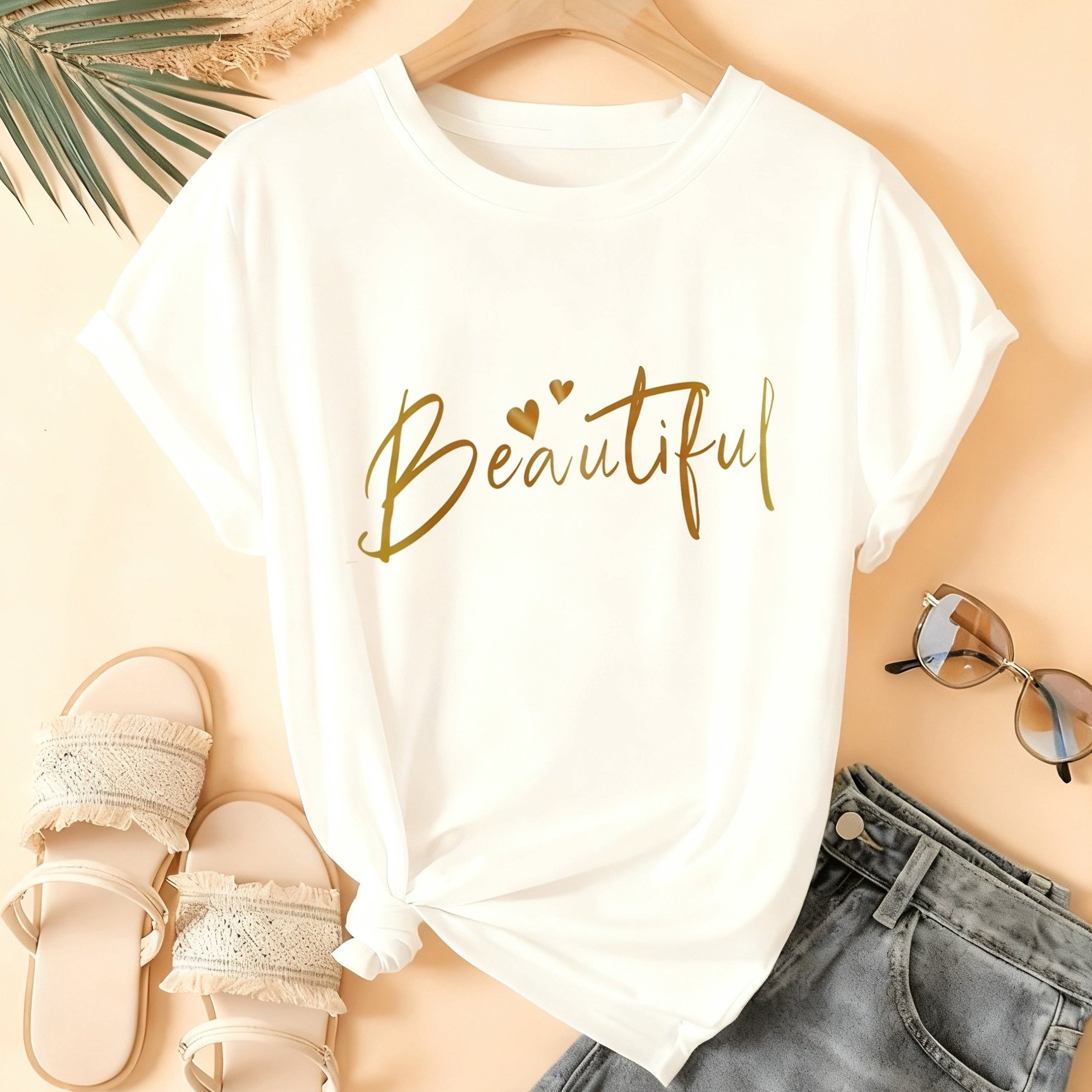 TEMU T-shirt décontracté à manches courtes pour femmes, coupe , col rond, imprimé lettrage, longueur régulière, idéal pour , l'été et , en tissu