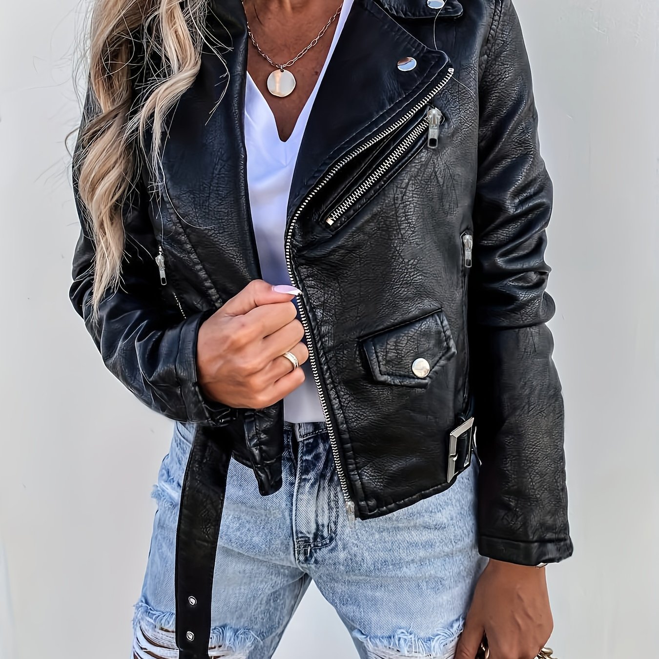 TEMU Spring/autumn New Women's Beautiful Short Jacket With Lapel, Fashionable Elegant Unique Biker Style Solid Color With Belt And Pockets Zippered