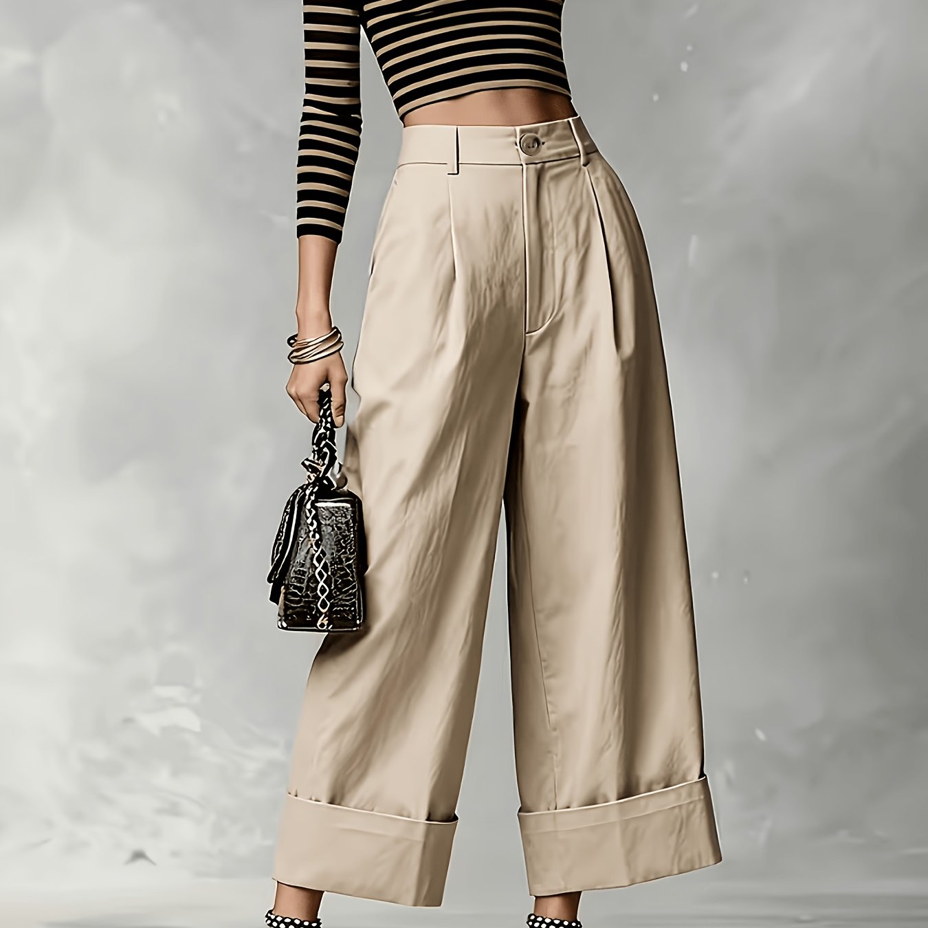 TEMU Bk260401032 Summer High-waist Straight-leg Wide-leg Pants, Khaki With , Draped And Casual Trousers