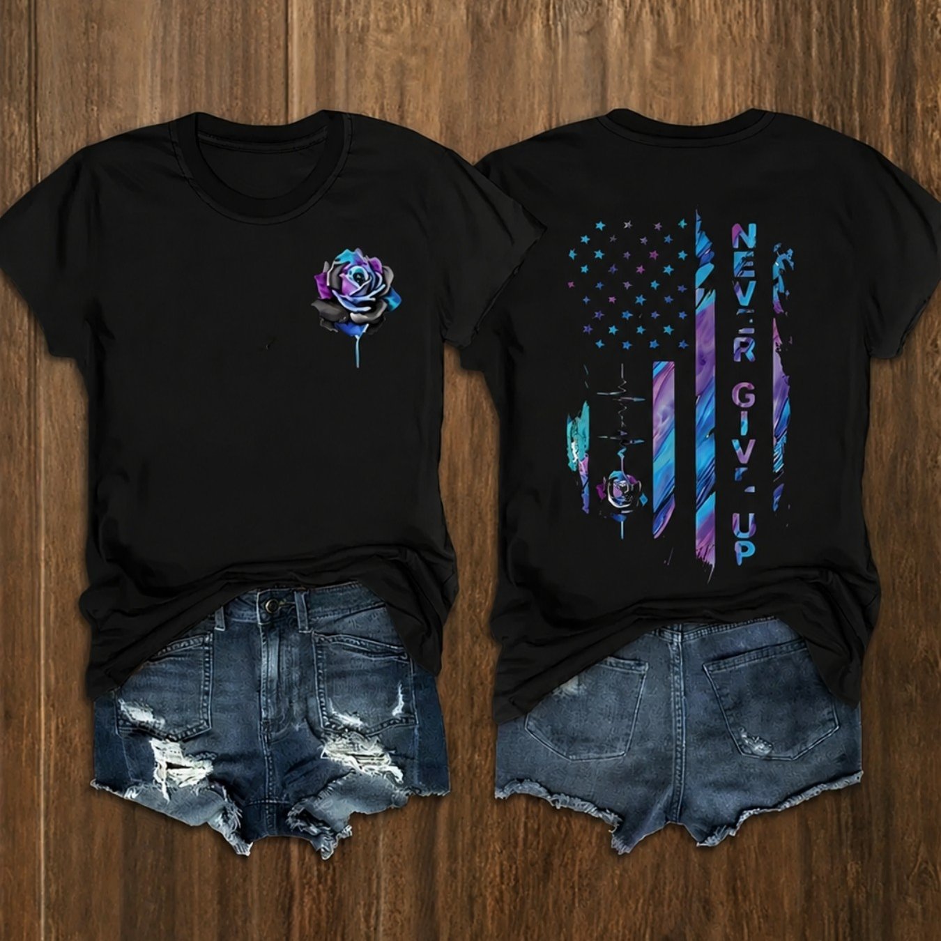 TEMU [2d Flat Printing]women's Casual Short Sleeve T-shirt With Purple Blue Gradient Rose Print, 2d Flat