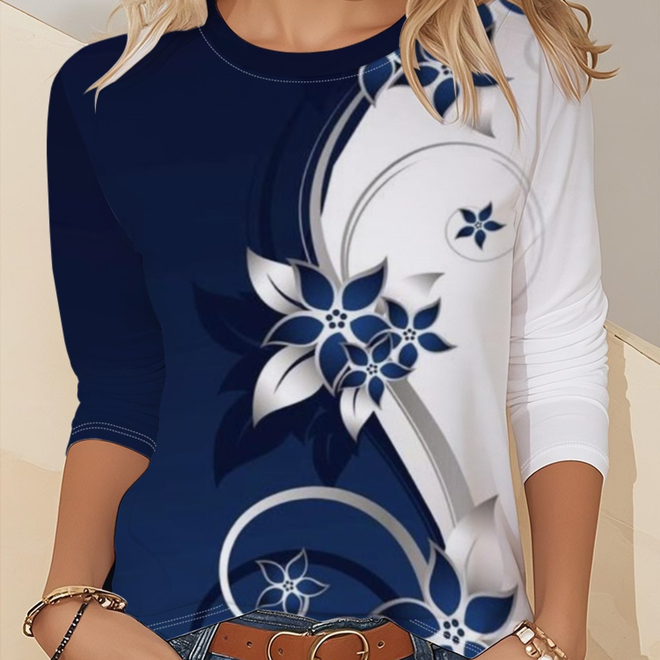 E-shop Geplantes Grafik-T-Shirt-Set, Farbblock-Design, Elegant, Bunt, T-Shirt mit Blumenmuster-Druck, Langarm-Freizeitoberteil mit Rundhalsausschnitt,