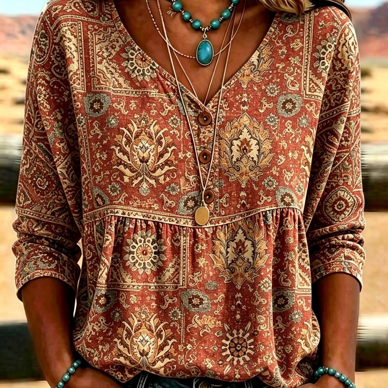 Image of Women's V-neck Blouse, Wear, Vintage Red Bottom With Ethnic Pattern, V-neck Three-quarter Sleeve Babydoll Shirt, Wooden Button Pleated Hem, Vintage Atmosphere Top For Western Wilderness