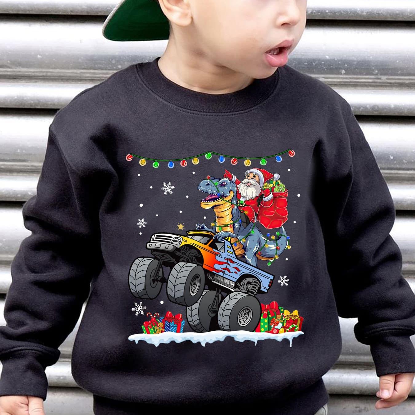 TEMU Christmas Boys' Autumn/ -lined Crewneck Sweatshirt With Santa, Dinosaur, Monster Truck Christmas Element Print Loose Casual Long Sleeve Pullover