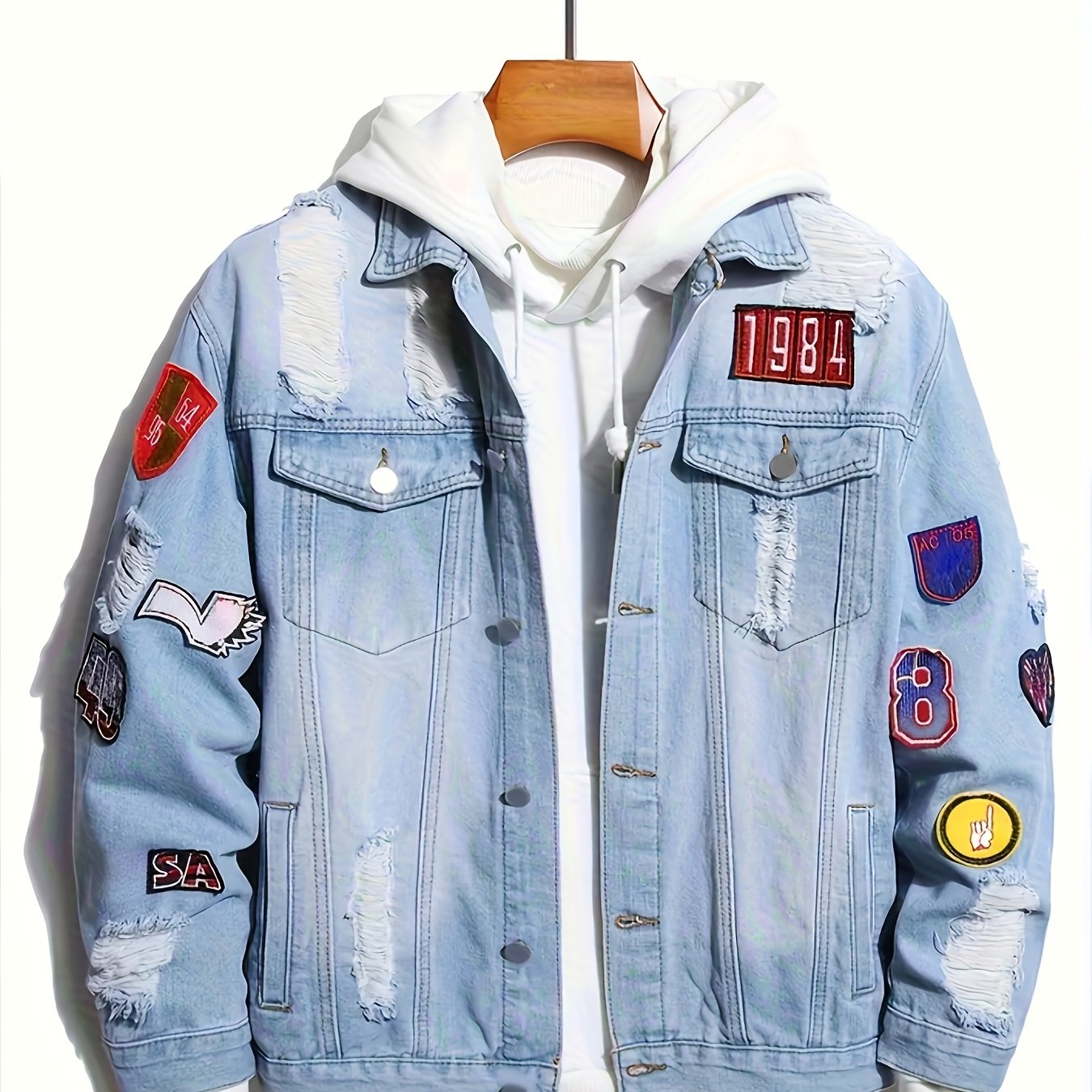 Image of [allsro] Ripped Denim Jacket For Men, Multiple Stickers, Street Style, Distressed Wash, Trendy Loose And Cool Top, Fashionable And Versatile, Wear