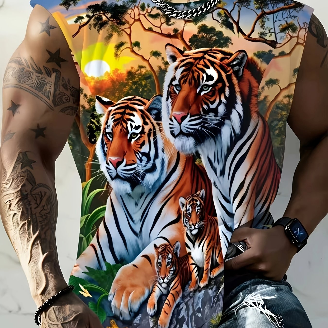 TEMU [print Design - Not Texture Wildlife Print Sleeveless T-shirt, 's Casual Animal Pattern Vest, Sunset Design, Fashion, Plus Size]