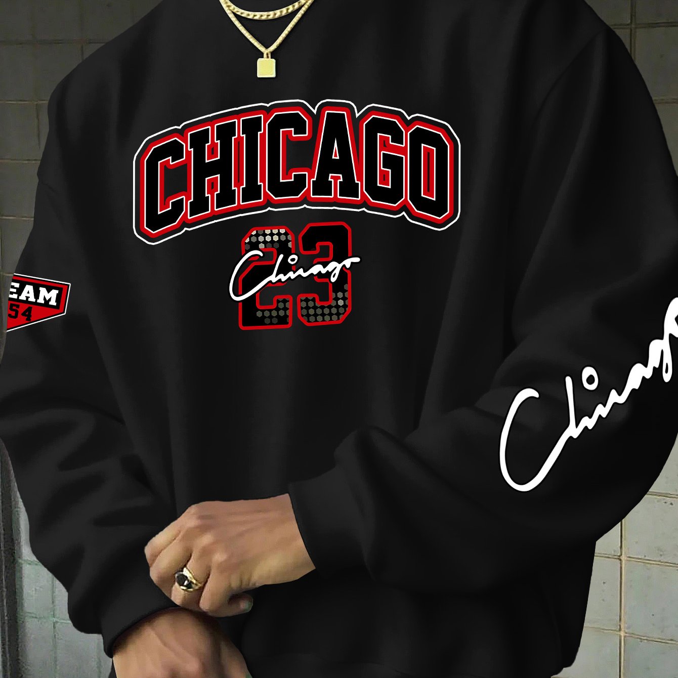 TEMU Men's Chicago 23 Print Sweatshirt - Loose Fit Round Neck Sweater With Iconic City , Casual Apparel For Fans & Casual Attire (machine Washable)