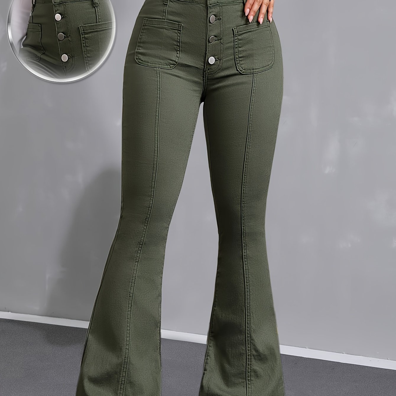 Stylish And Versatile Army Green High-waisted Elastic Slim-'s Denim Flared Trousers