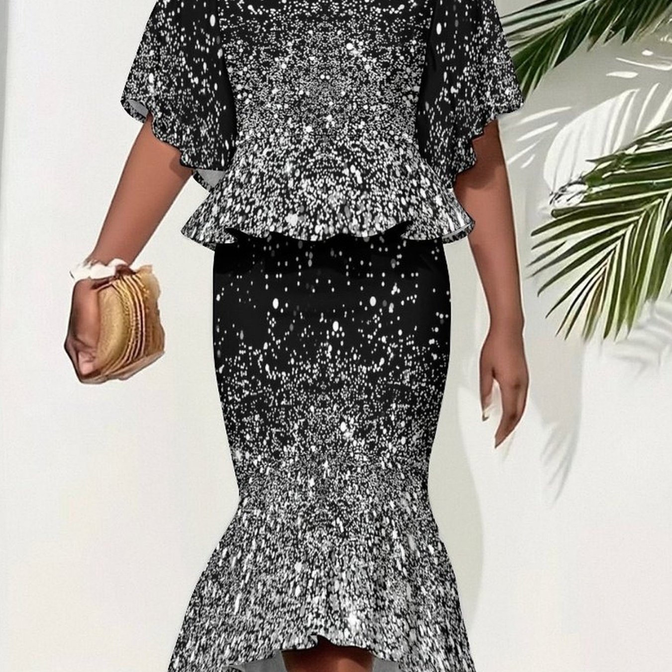 Image of Plus Size, Plus-size Women's Crew Neck Batwing Sleeve Top And Skirt Set, Apparel Suit With Multi-element Printed Patterns, Suitable For Occasions. Exquisitely , Stylish And Elegant, Recommended
