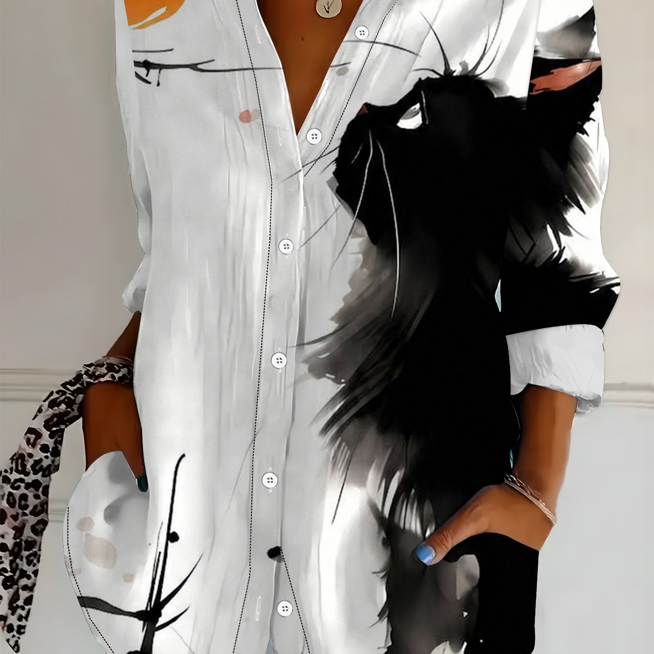 TEMU Plus Size, Summer Plus Size Women's Long Sleeve Shirt, Fashionable Casual Lapel Blouse, Versatile Elegant Shirt For Beach Vacation, Printed