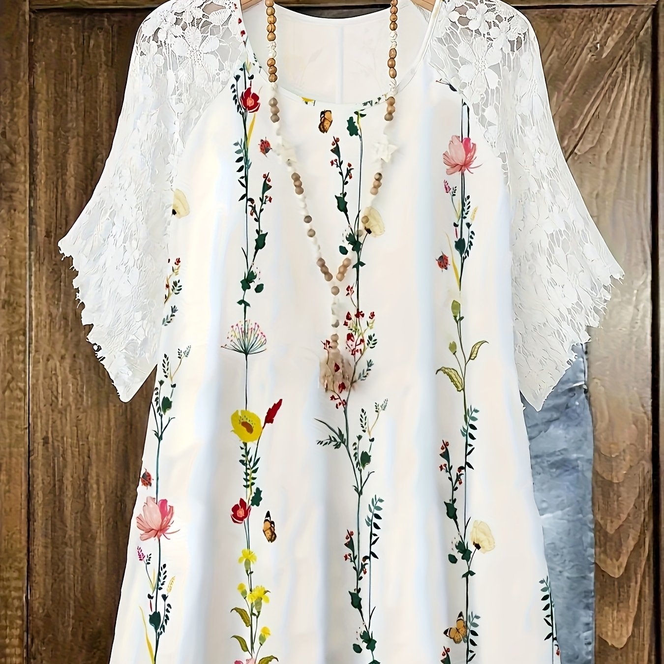 E-shop Damens Elegante Bluse mit Blumenmuster und Spitzenärmel-Akzenten – Dehnbarer Rundhals-Top, Maschinenwaschbar für alle Jahreszeiten, Vielseitiges
