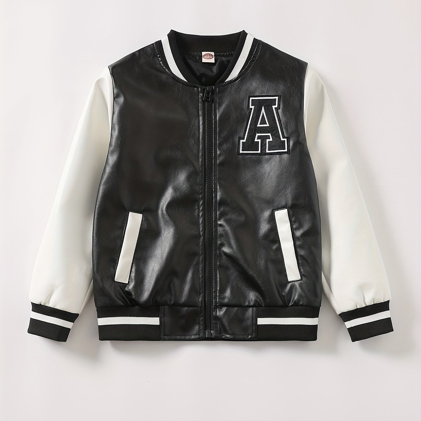 Image of Boys' Mid-big Kids' Faux Leather Motorcycle Baseball Jacket Outerwear Fall Winter New Casual Faux Leather Coat A-line Embroidery Motorcycle Open-chest Zipper Jacket Trendy Style