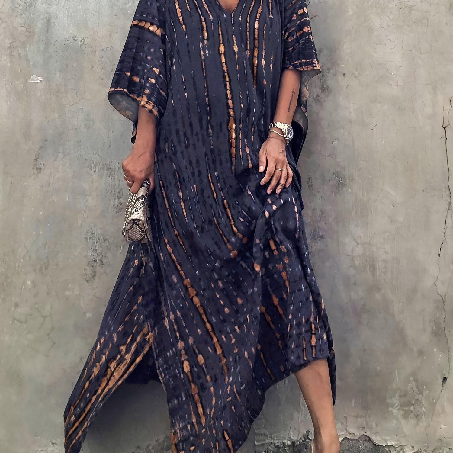 Black & Dye Split Beach Resort Maxi Kaftan Cover Up Dress, Bohemian Kimono Sleeve V Neck Robe, Women's Swimwear & Clothing For Holiday