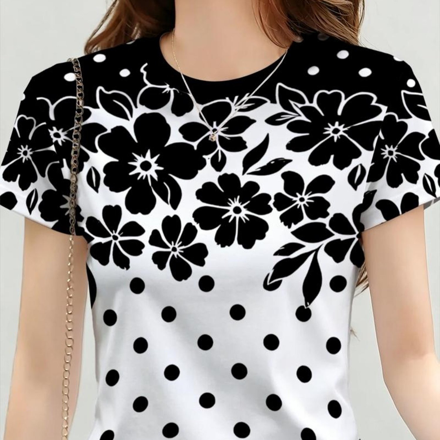 TEMU Women's Fashion T-shirt, Black White Polka Dot & Floral Pattern, Luxurious Design, Suitable For Daily Wear And Casual , Fashionable Comfortable