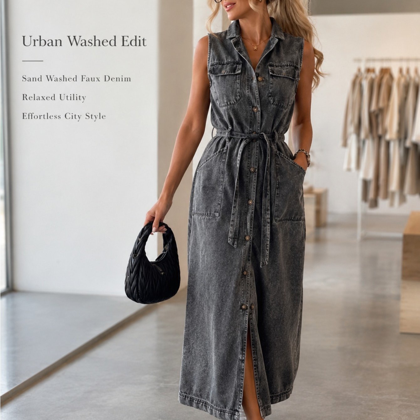 Image of Womens Sand Washed Denim Fabric Dress Casual Sleeveless Shirt Dress Belted Button Midi Dress With Pockets For Streetwear