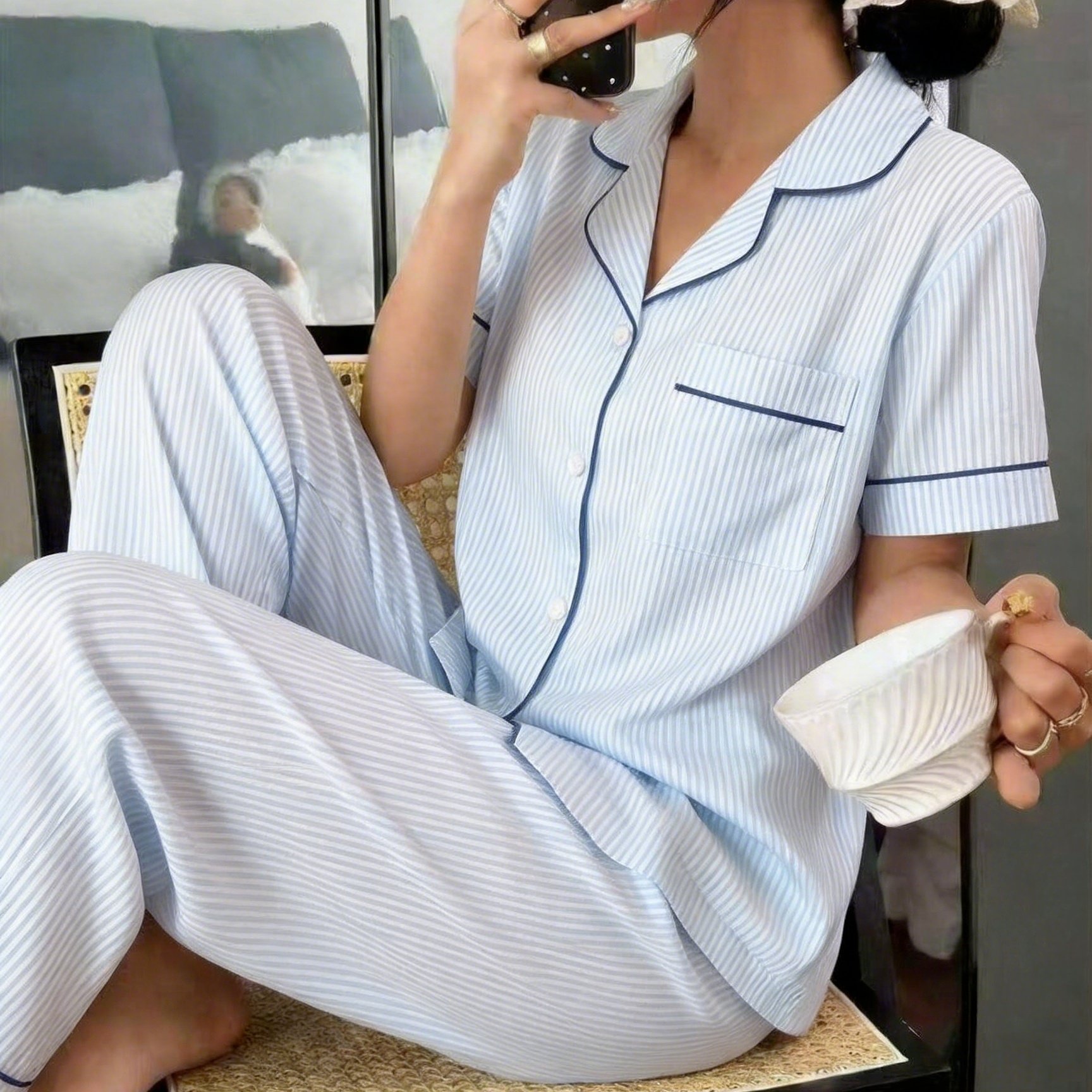 TEMU Completo pigiama da donna a righe chiaro con maglia a maniche corte con bottoni e pantaloni lunghi, abbigliamento da casa e da con bordino a