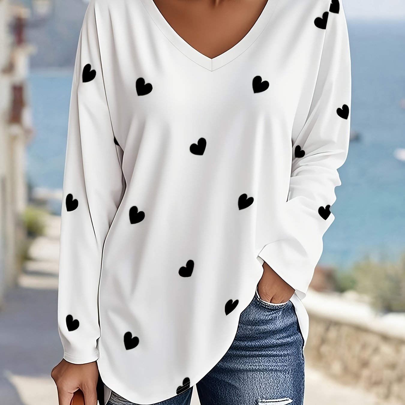 TEMU Plus Size, Women's Autumn/winter New Arrival Plus Size Fashion Printed Casual V-neck Long Sleeve T-shirt, Loose Fit Casual Top, V-neck Top,