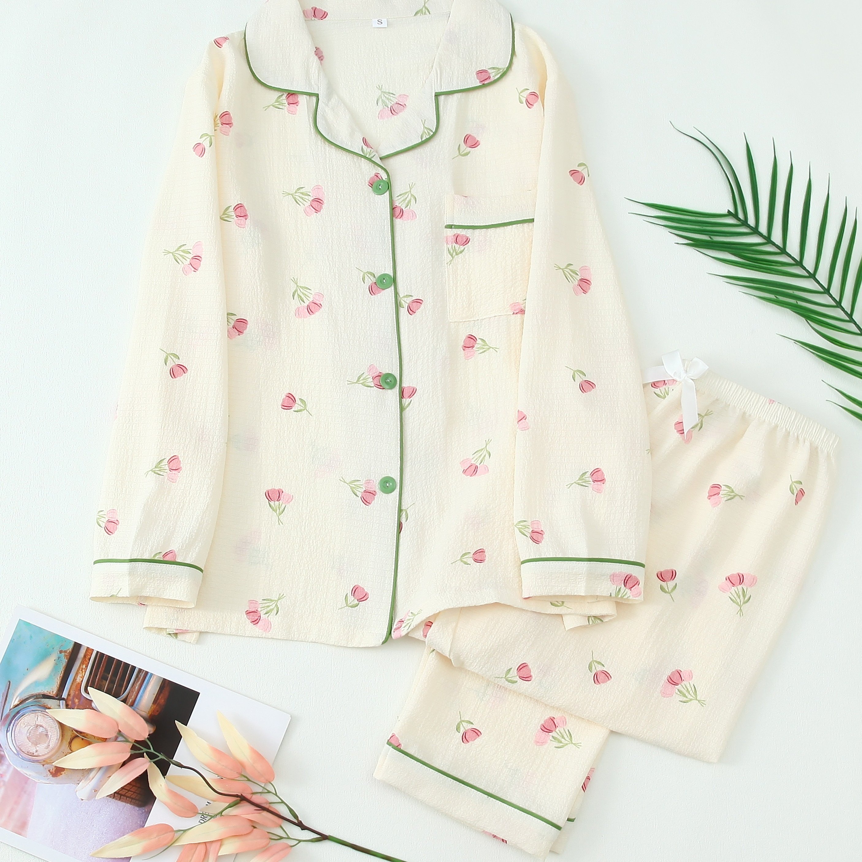 E-shop Damen Frisches Kleines Blumenmuster Langarm und Hose Einfaches Casual Strickjacken Set
