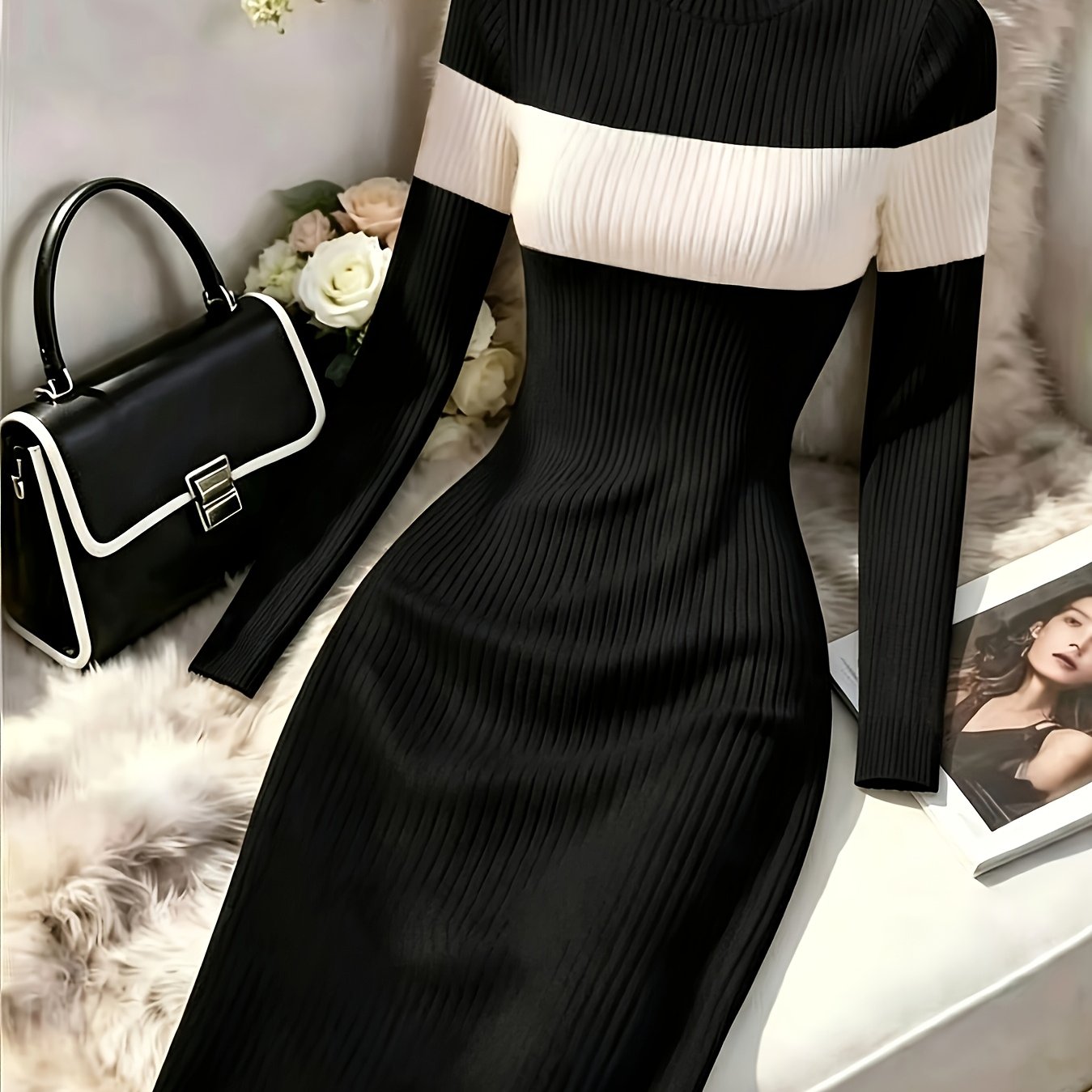 TEMU Women's Minimalist Versatile Contrast Color Ribbed Fitted Long Sleeve Dress