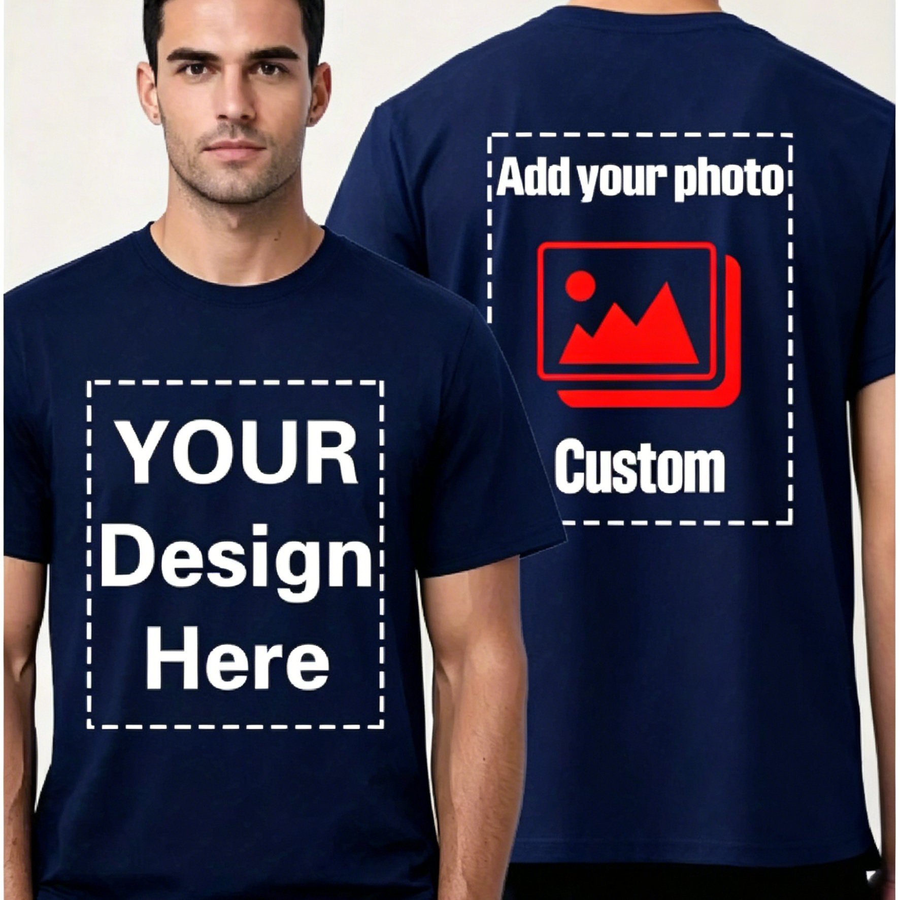 TEMU Custom T-shirt, Add Your Design Photo, Pattern, Logo, Printed On Sides, Regular Round Neck Style Suitable For Summer, Souvenir T-shirt/father's