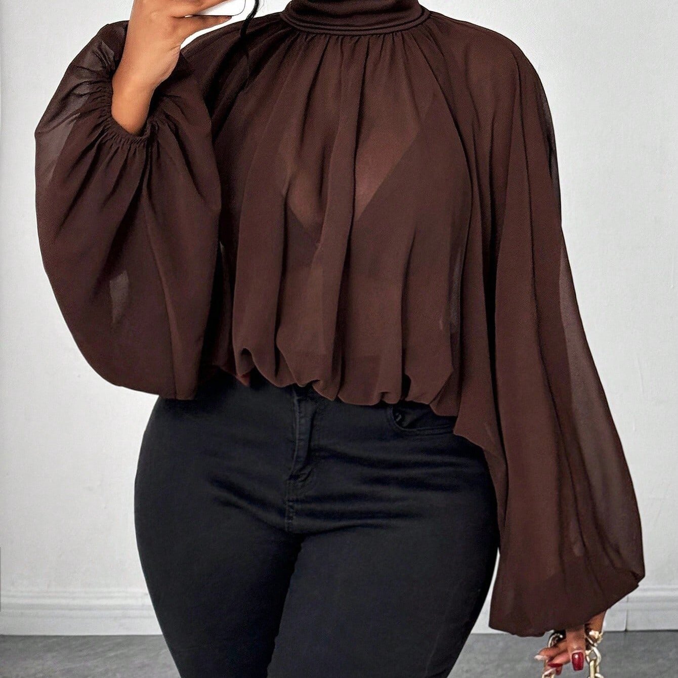 TEMU Plus Size - Fashion Casual Women's Stand Collar Lantern Sleeve Pleated Spring Autumn Women's Clothing