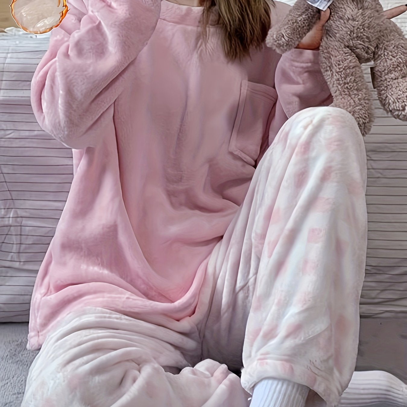 TEMU Soft & Warm Pajamas Set, Comfortable Long Sleeve Pajama Top & Plush Plaid Pajama Pants, Women's Loungewear & Sleepwear