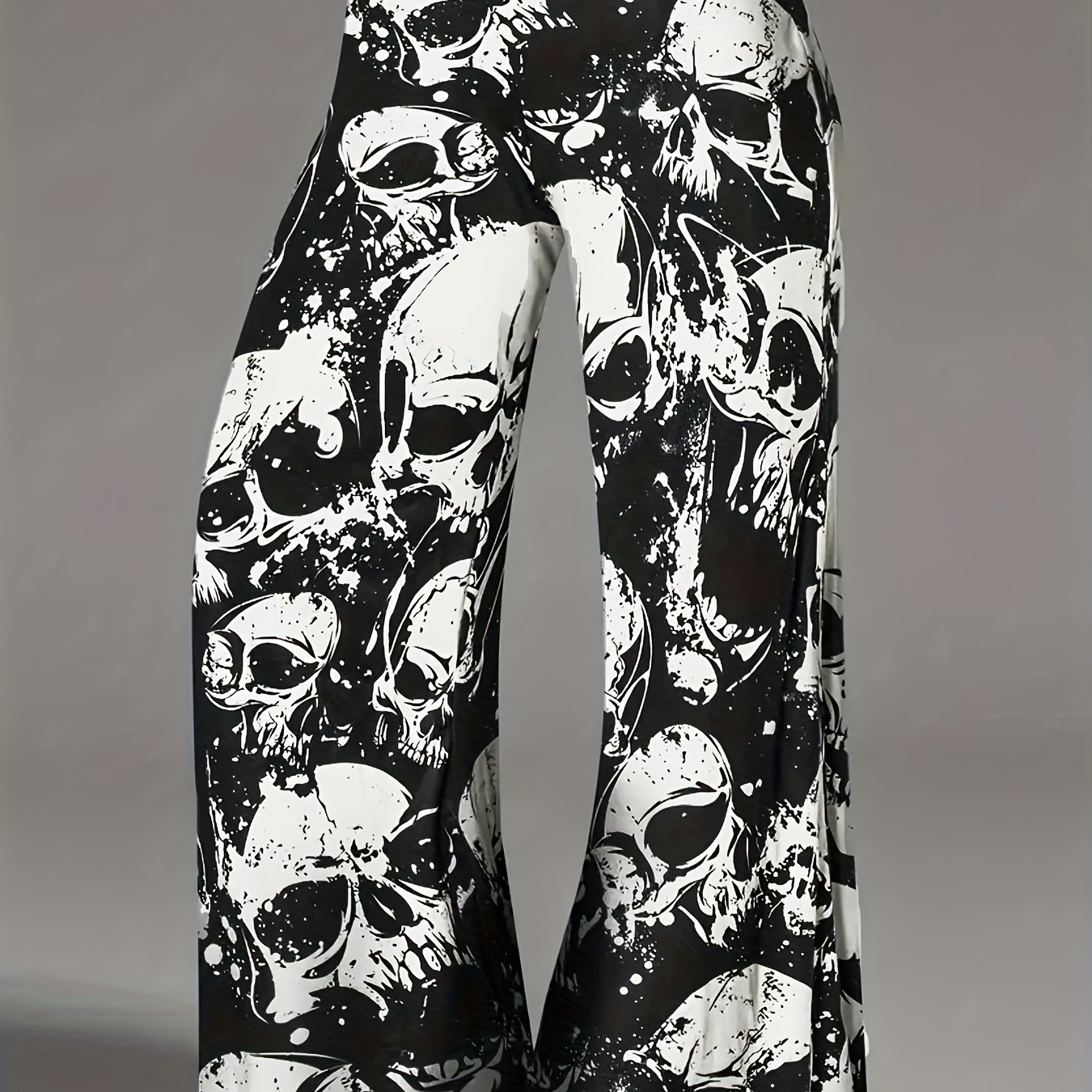Image of Plus Size, Plus-size Skull Print Wide-leg Pants, Casual Elegant Low-rise Loose Pants For Spring, Summer, And Autumn, Women's Plus-size Clothing