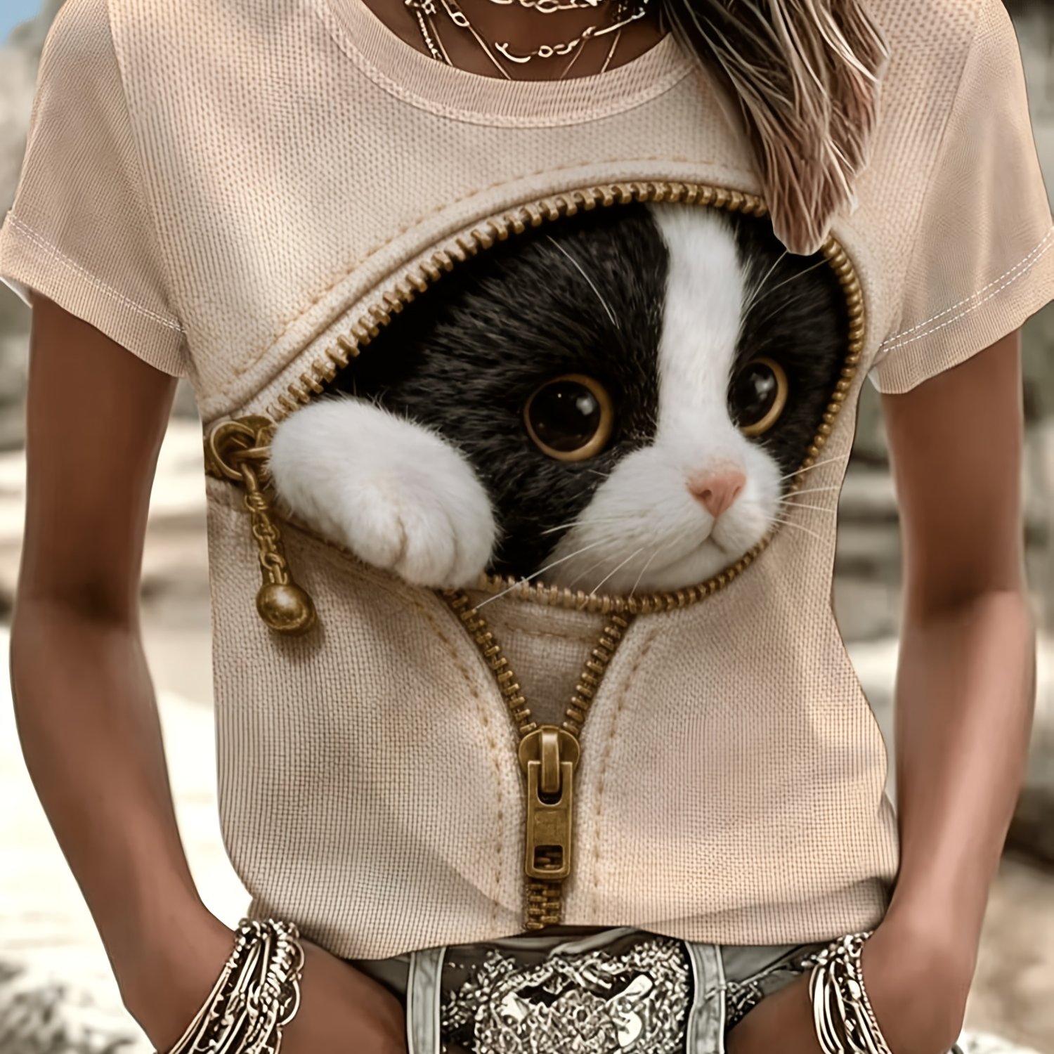 TEMU [printed Design-not Textured]women's Fashion T - Shirt, Mixed Color, Multiple Specs, Whimsical Kitten (black & White With Golden Beige Pouch)