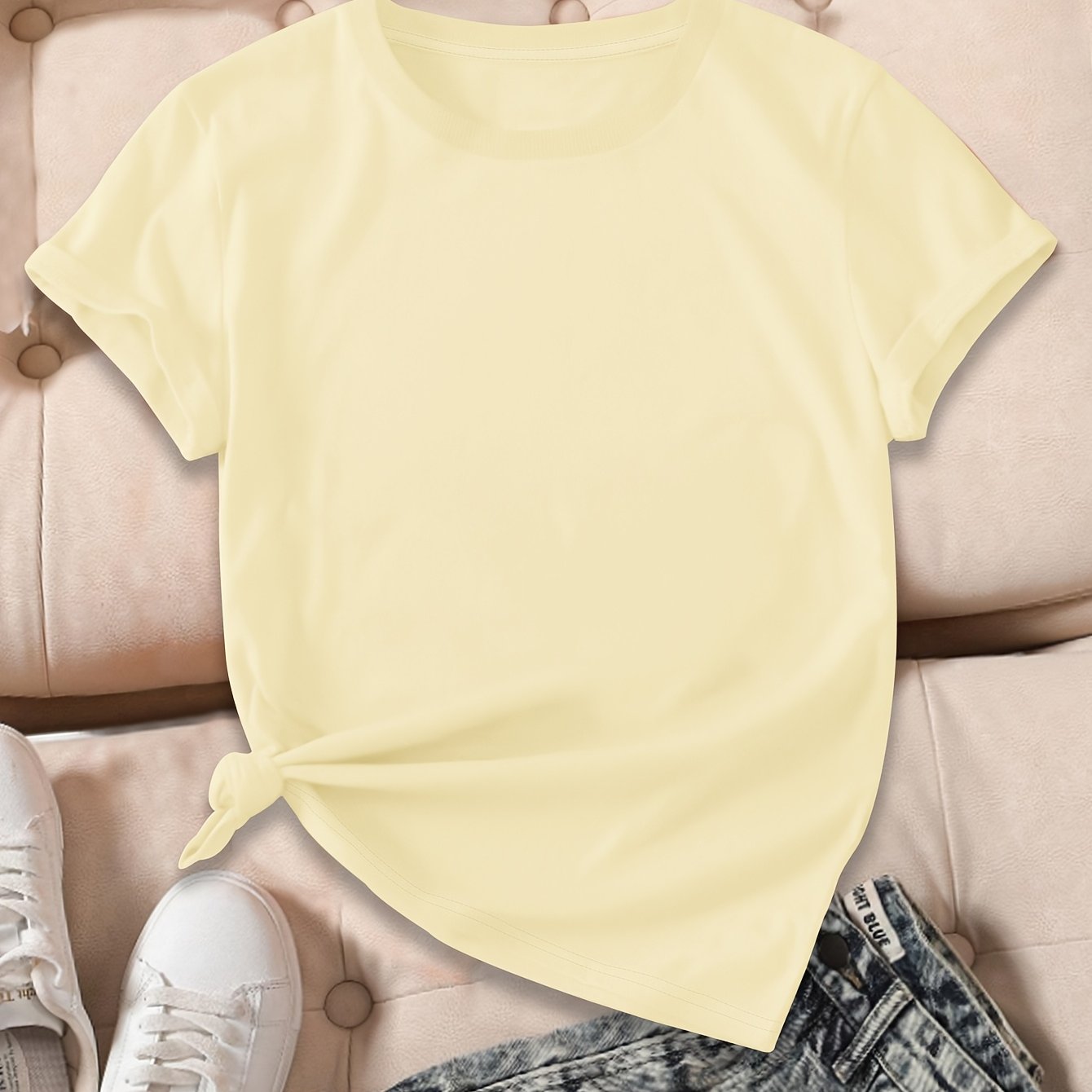 High-quality Solid Color 's Short-sleeved Round-neck Top, Unprinted, Fashionable For Summer