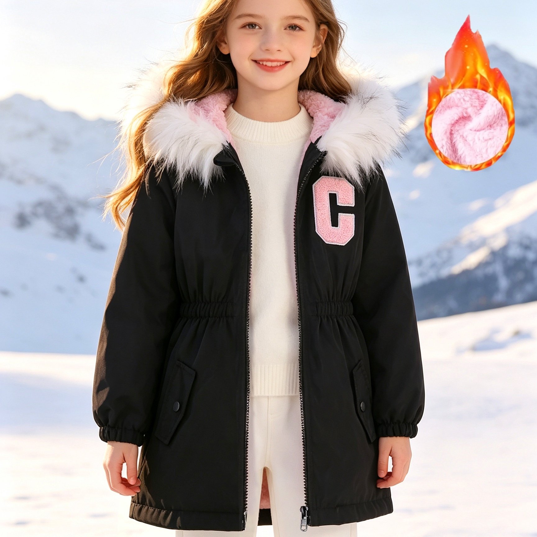 Image of Girls' Fashion Spring Autumn Thin Lining 130g Thinnest Polar Fleece Mid-length Waist-cinching Coat Plush Striped Outdoor Hooded Casual Solid Color Coat Jacket