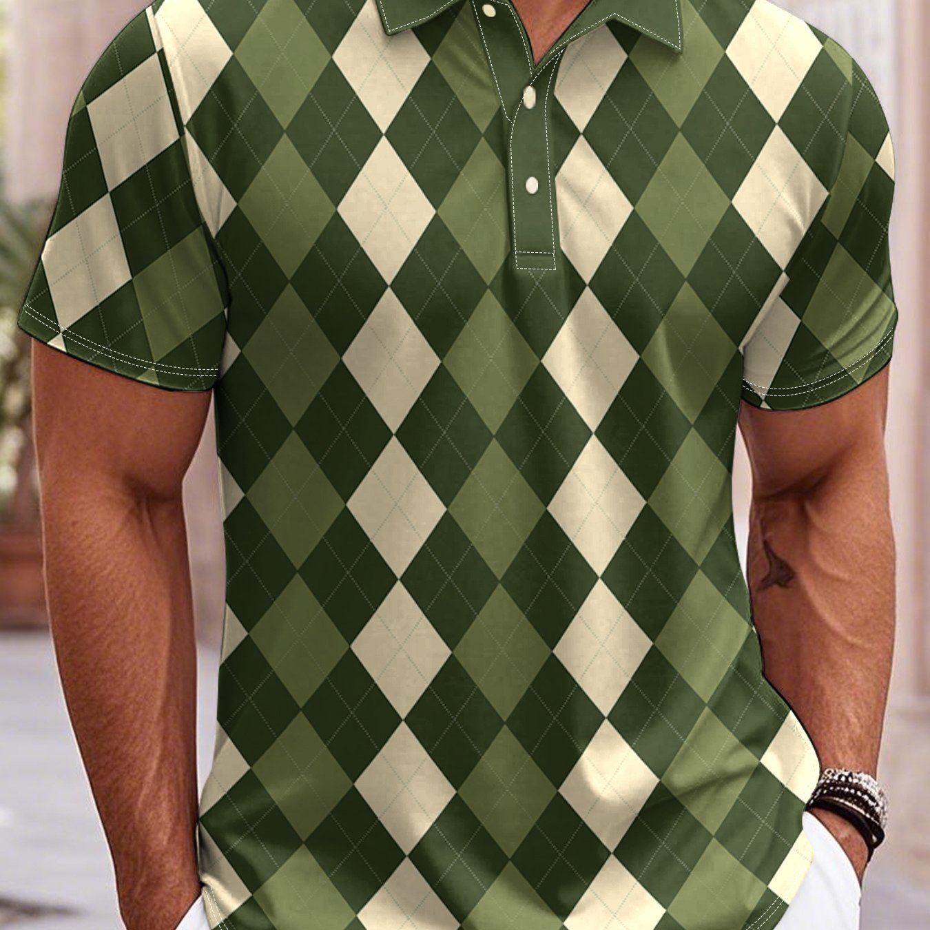 TEMU Printed Design - Not Textured Men's Quick-dry Breathable Lightweight Golf And Business Casual Top, With Green And Beige Plaid Print, Machine