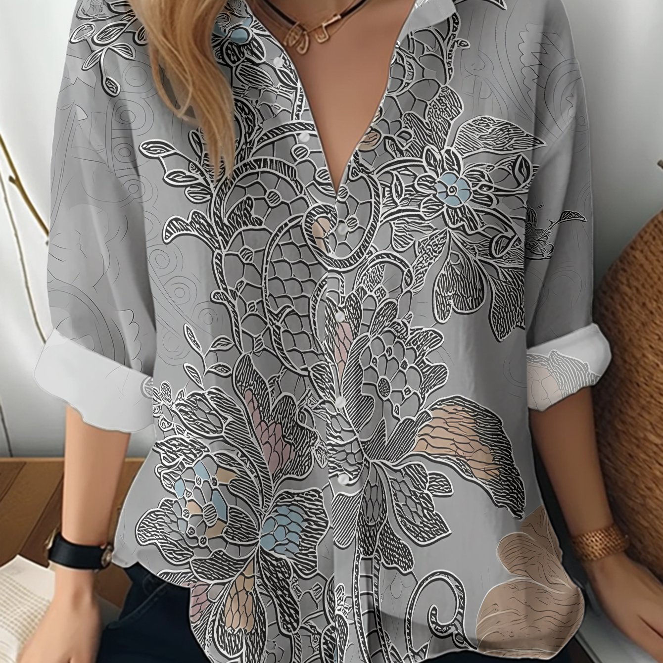 TEMU This New Women's Long-sleeve Shirt Features A Gray Patterned Background With Delicate Floral Designs And A Touch Of -yellow Leaves. A Versatile