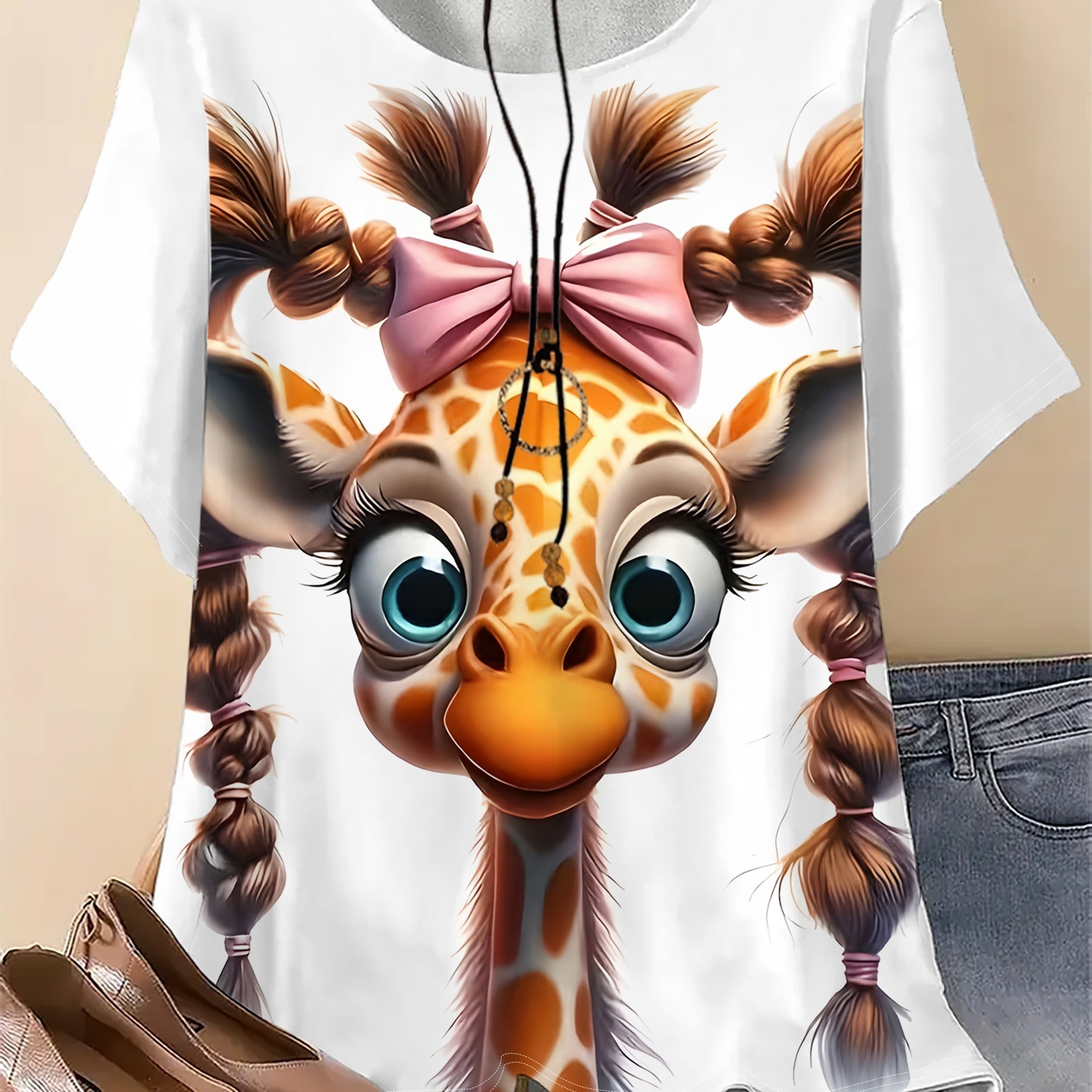 TEMU Plus Size, Plus-size Women's Cartoon Cute Giraffe Print T-shirt - Color- Design, Round-neck Casual Top, Machine Washable And Breathable Fabric,