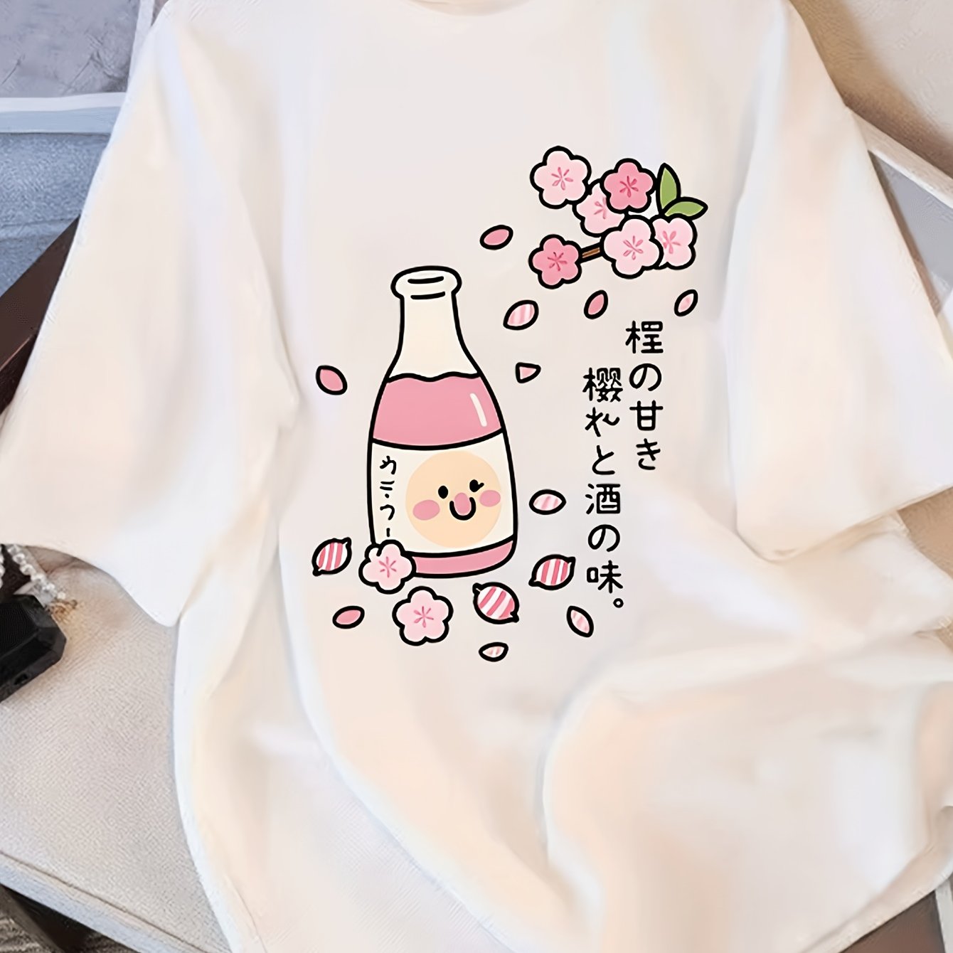 TEMU Summer Monochrome Women's T-shirt -sakura Graphic Easy, Comfortable, Casual Round-neck T-shirt