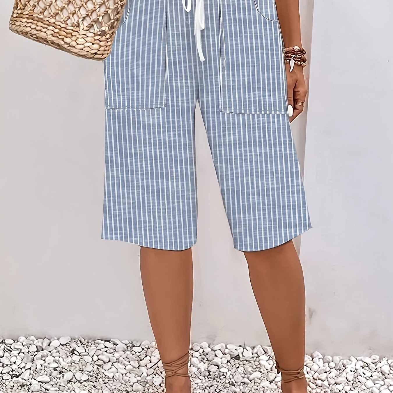 Image of Women's Casual Shorts, Mid-rise Drawstring Waistband, -eighths Length, Stylish Striped , Work Pants, Beachwear