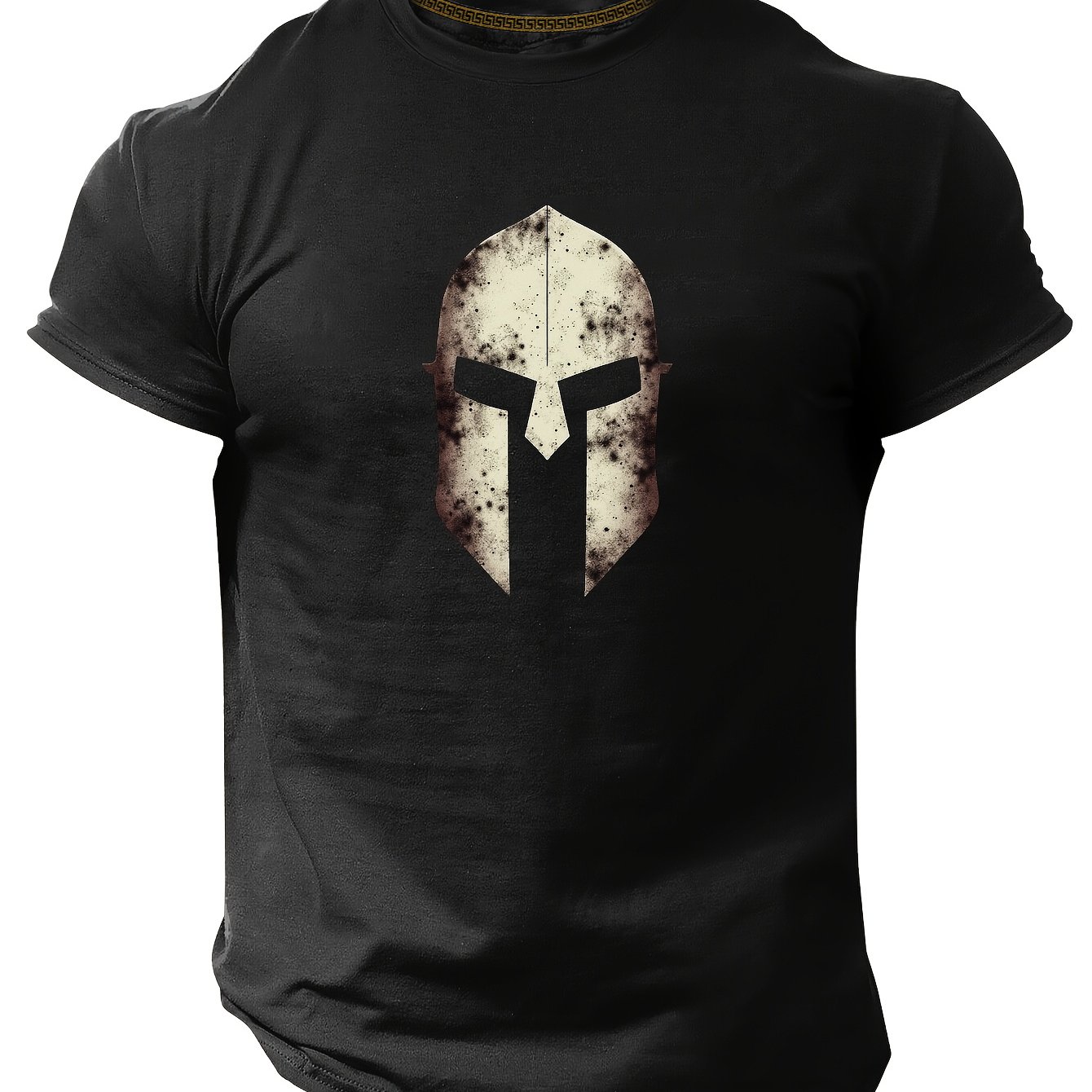 TEMU Distressed Spartan Helmet Pattern Spring Summer Men's Short Sleeve T-shirt Print Top Summer T-shirt