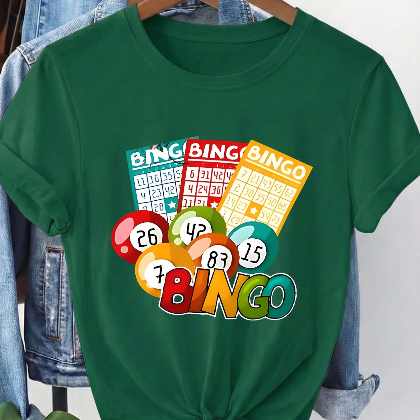 TEMU Ladies' Casual Crew Neck Short Sleeve T-shirt | Bingo Game Theme With Number Balls And Bingo Words, Breathable Fabric, Suitable For