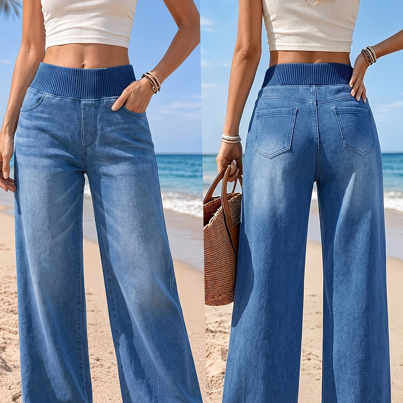 TEMU Ladies' 2026 New Wide-leg Blue Jeans, Elastic Waist Washed Denim Straight-leg Trousers, Elegant Women's Clothing, High-waisted Drawstring Pants