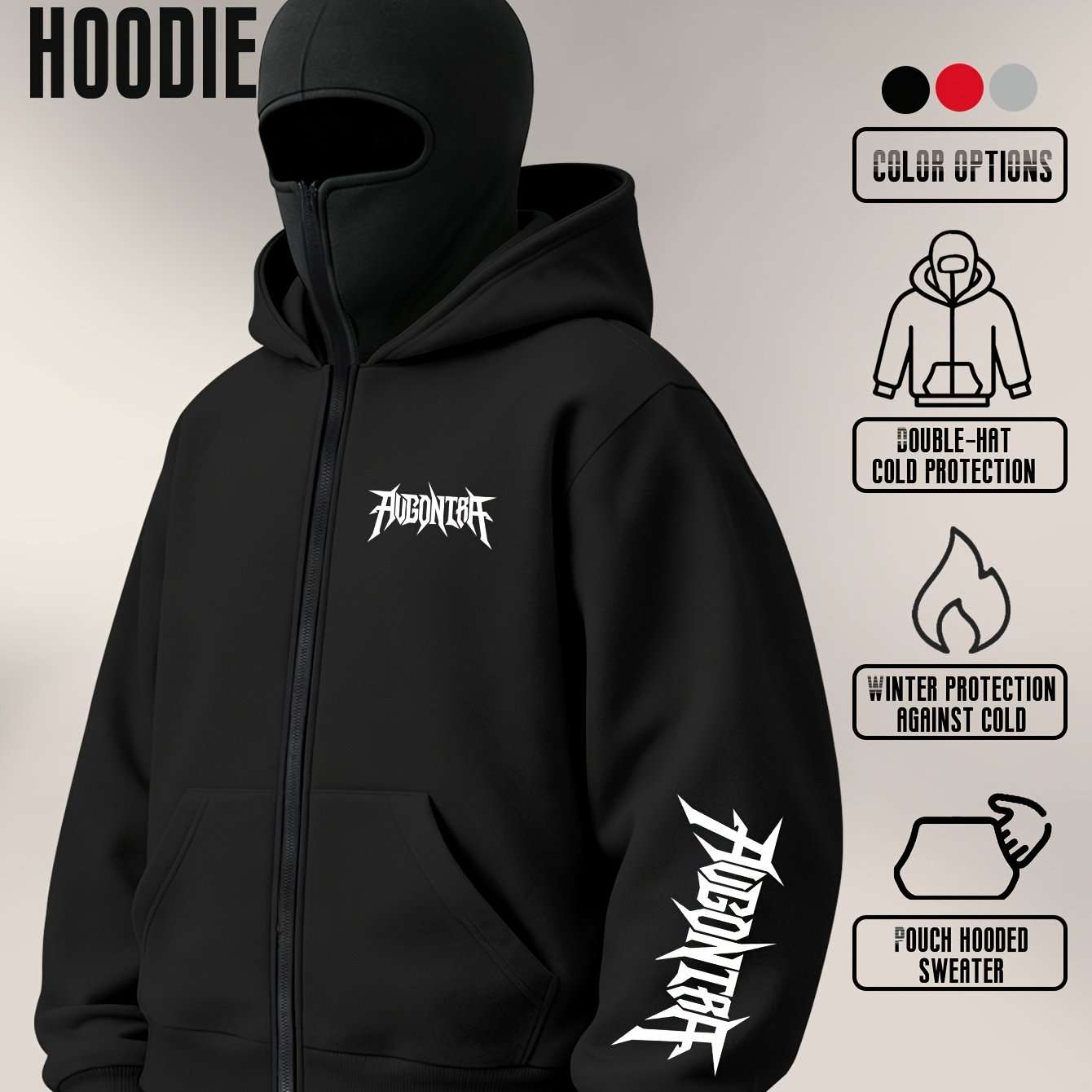 TEMU Winter Men' Hood Sweatshirt, Men's Autumn Winter Sweatshirt, Balaclava Design, Sharp Gothic Font Armband Individual Hooded Jacket