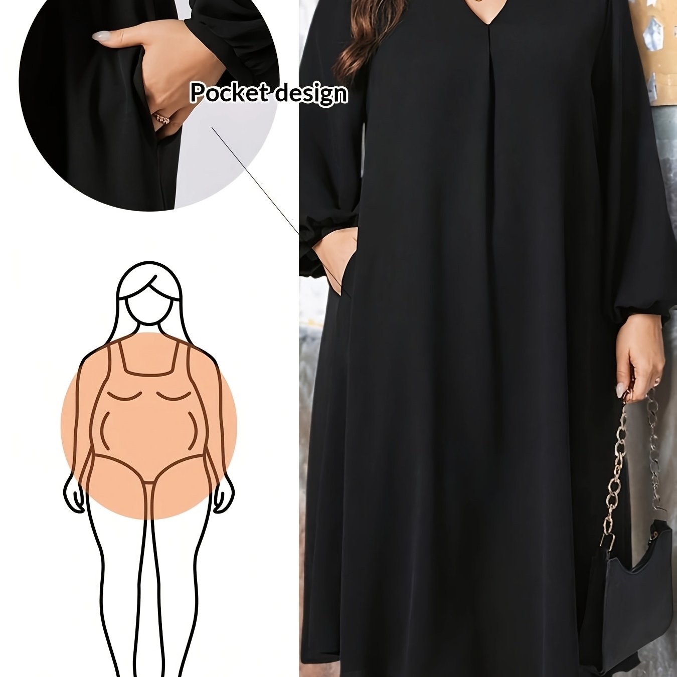 Image of Plus Size Solid Lantern Sleeve Long Casual Dress, Suitable For Autumn Long Women's Outfit