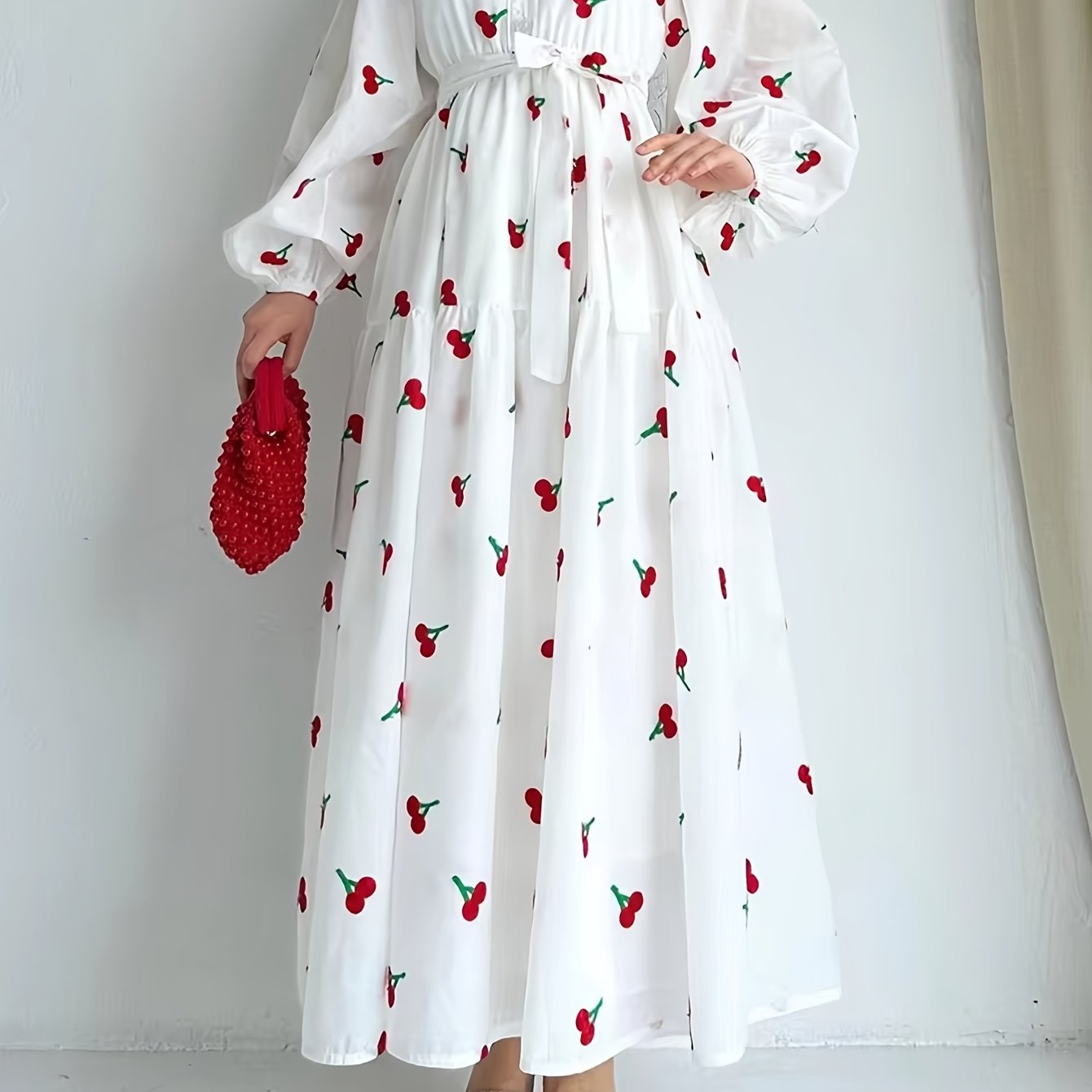 TEMU Plus Size - Cherry Print Formal Shirt Long Sleeve A-line Pleated Long Holiday Dress