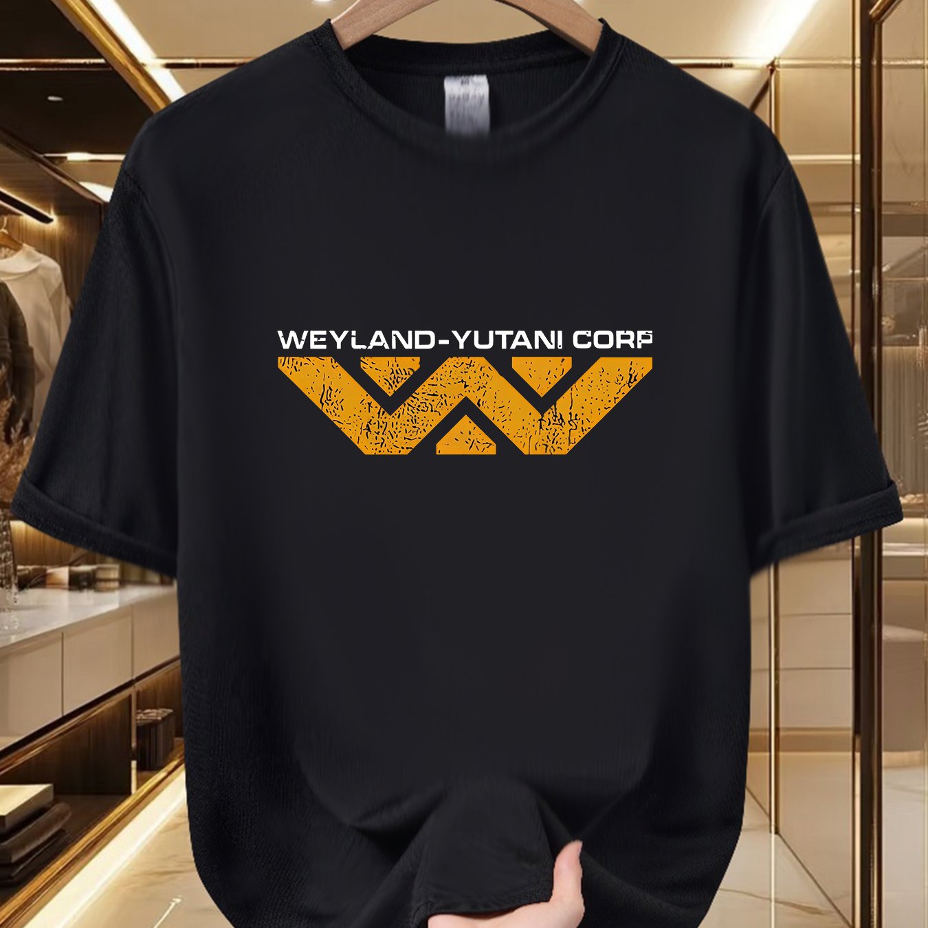 TEMU Men's Graphic Crew Neck Tee From Weyland- Corp - Features A Futuristic , And Durability, From 100% Polyester, Showcases A Logo, Perfect For