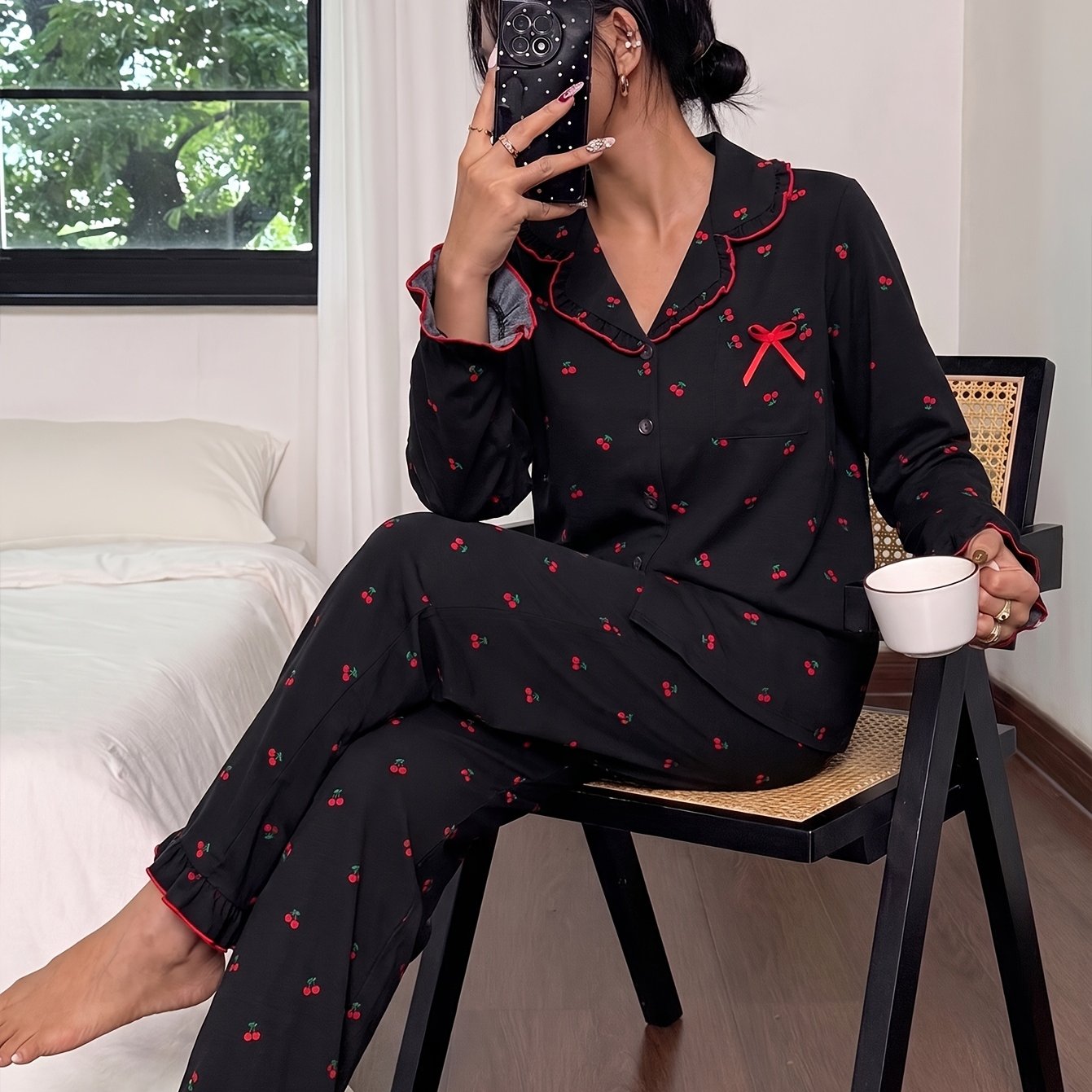 Print Women's Pajamas, Long-sleeve And Long-pants Set, Relaxed And Comfortable Red-trimmed Elegant Women's Loungewear, Cardigan-style Lapel Single-breasted Button-up With Bow Pocket Loungewear