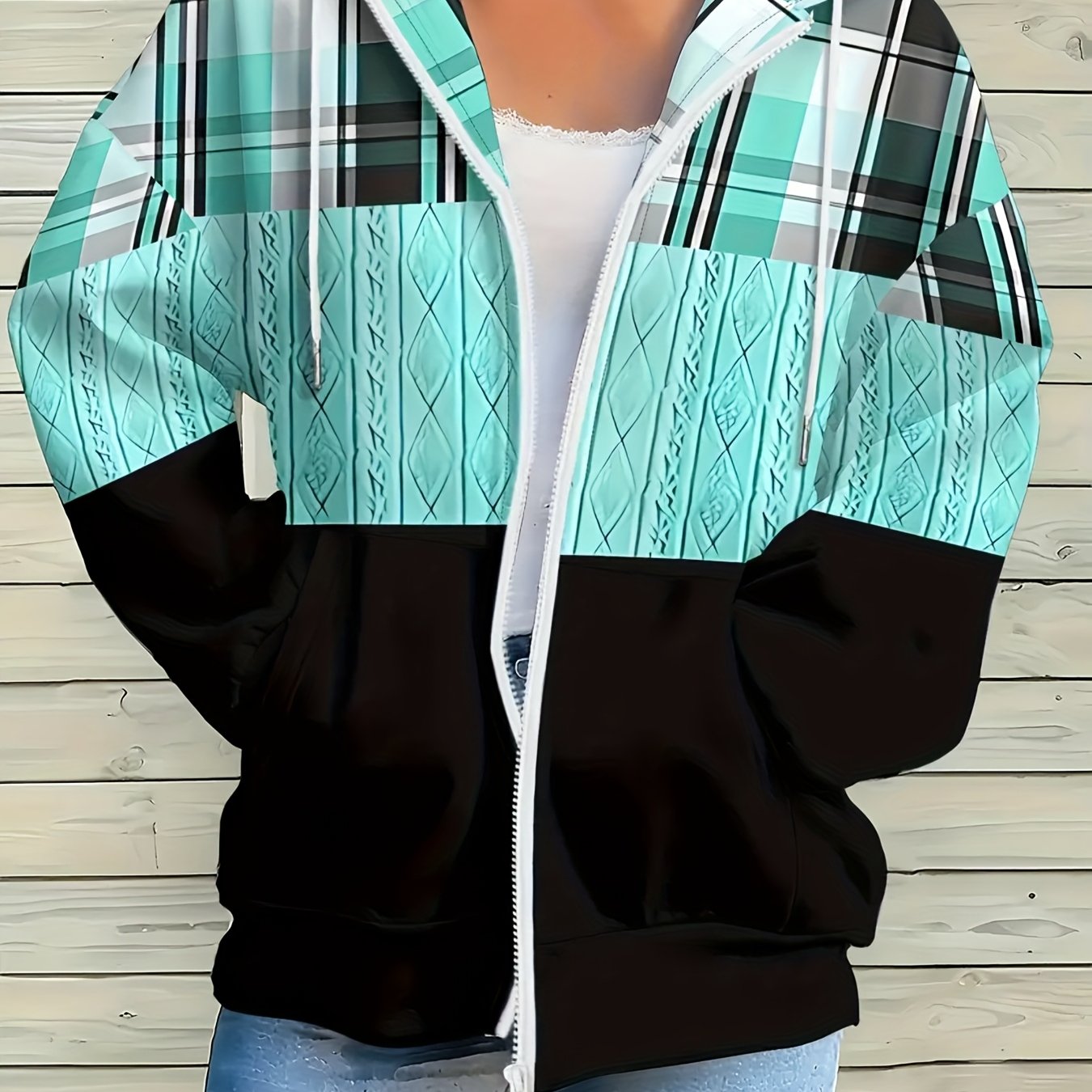 TEMU Women's Plus Size Color-block Print Zip-up Hoodie- Full-zip Front, Machine Washable, Casual Sweatshirt For Fall/winter, Trendy Outerwear