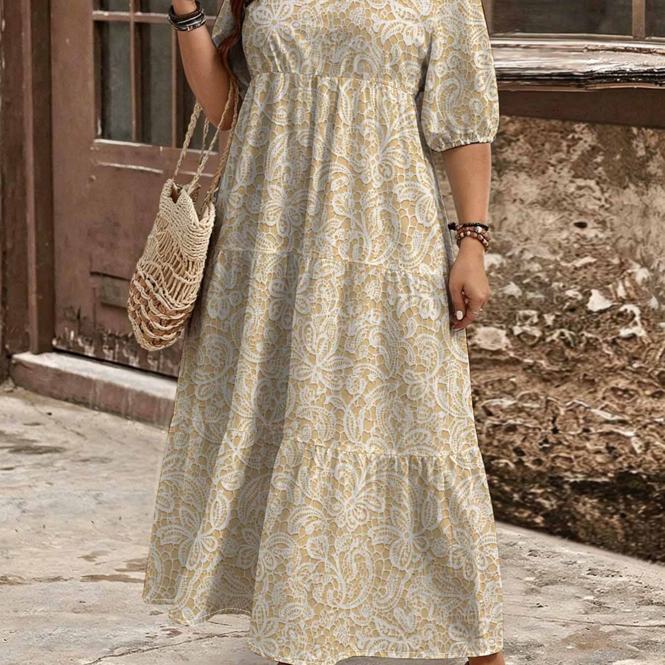 Image of Plus Size - Summer Plus Size Lace Floral Printed V-neck Bubble Short-sleeved Maxi Dress For Women. Layered Cake . Elegant Vintage Bohemian Loose-fitting Resort Dress For Casual Daily