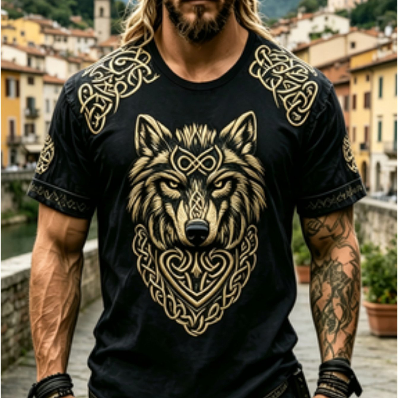 TEMU Viking Celtic Wolf Head Embroidery-style Flat Print Short-sleeve T-shirt, Plus Size Men's Apparel, New Premium Edition, Versatile For Home And