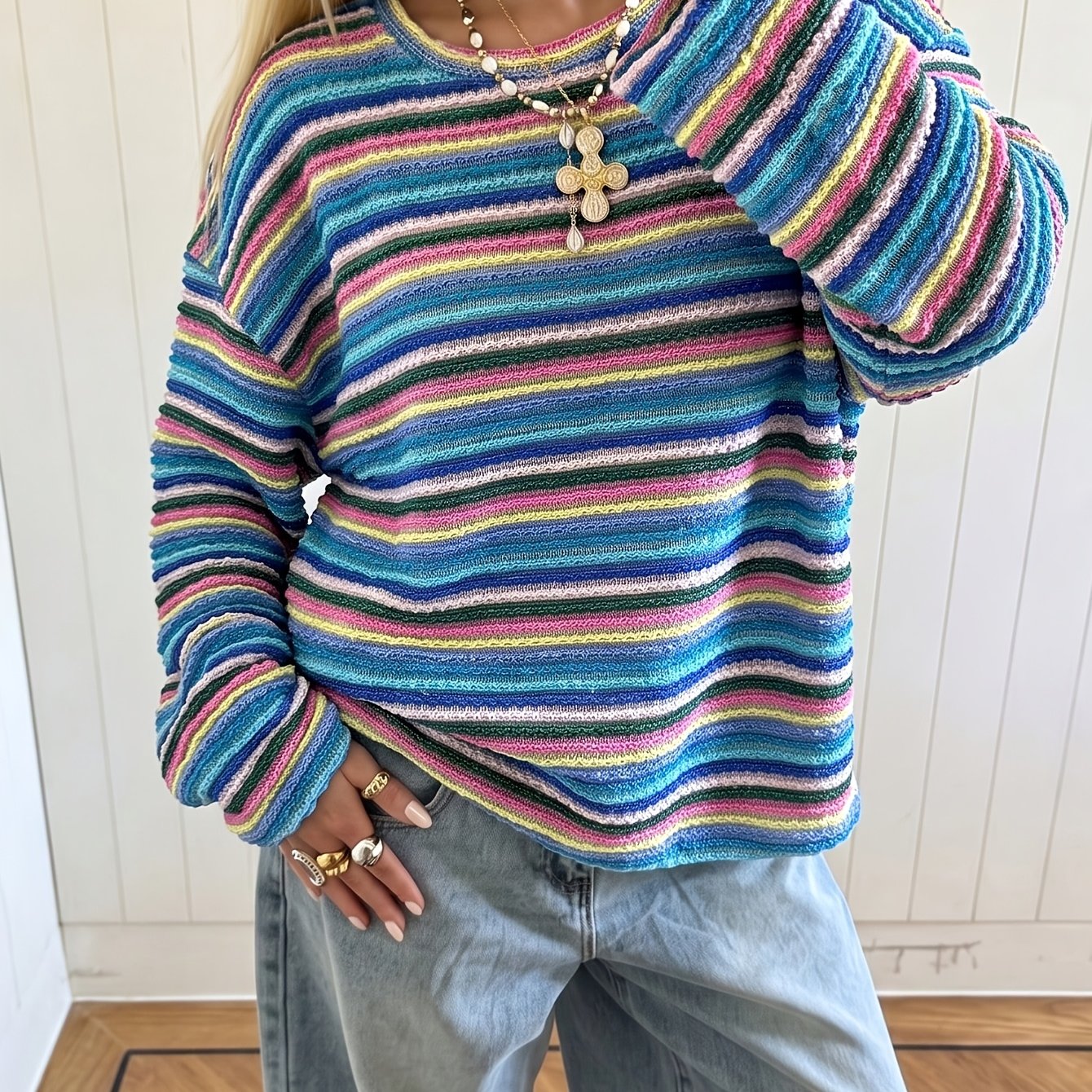 TEMU Women's Fashionable Colorful Striped Jacquard Long Sleeve T-shirt